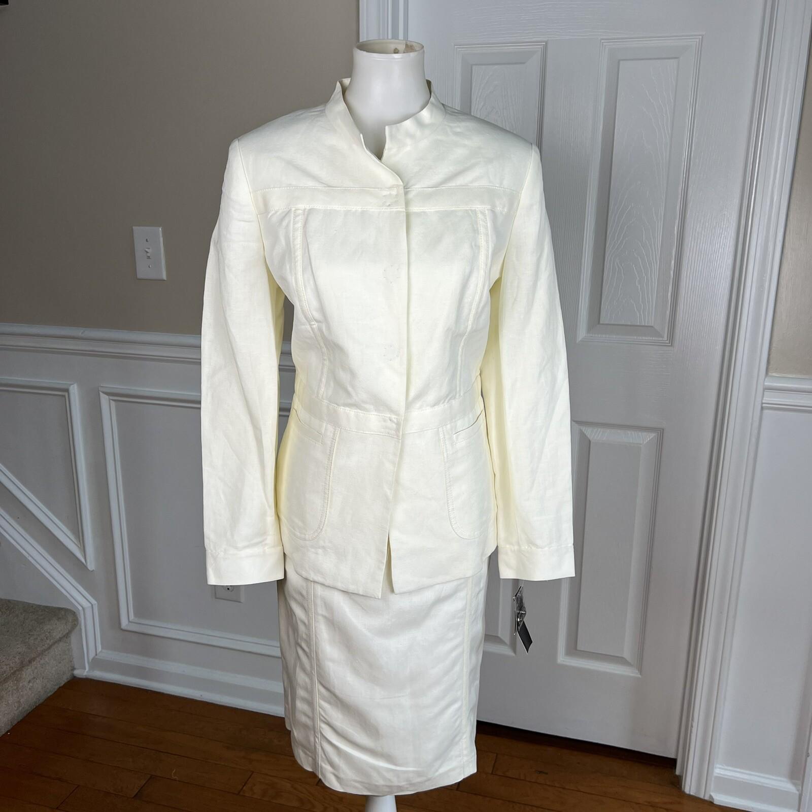 KASPER Linen Rayon Skirt 10P Suit 10 Stand Up Collar Off White Lined 2PC New
