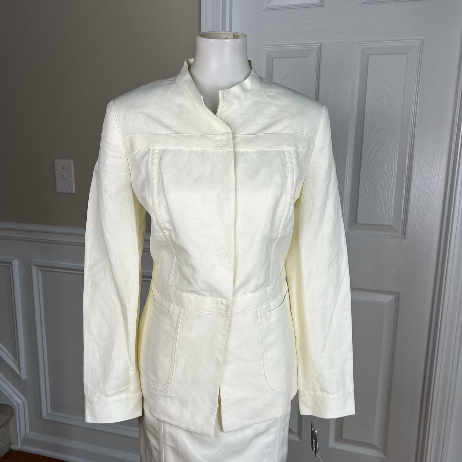 KASPER Linen Rayon Skirt 10P Suit 10 Stand Up Collar Off White Lined 2PC New