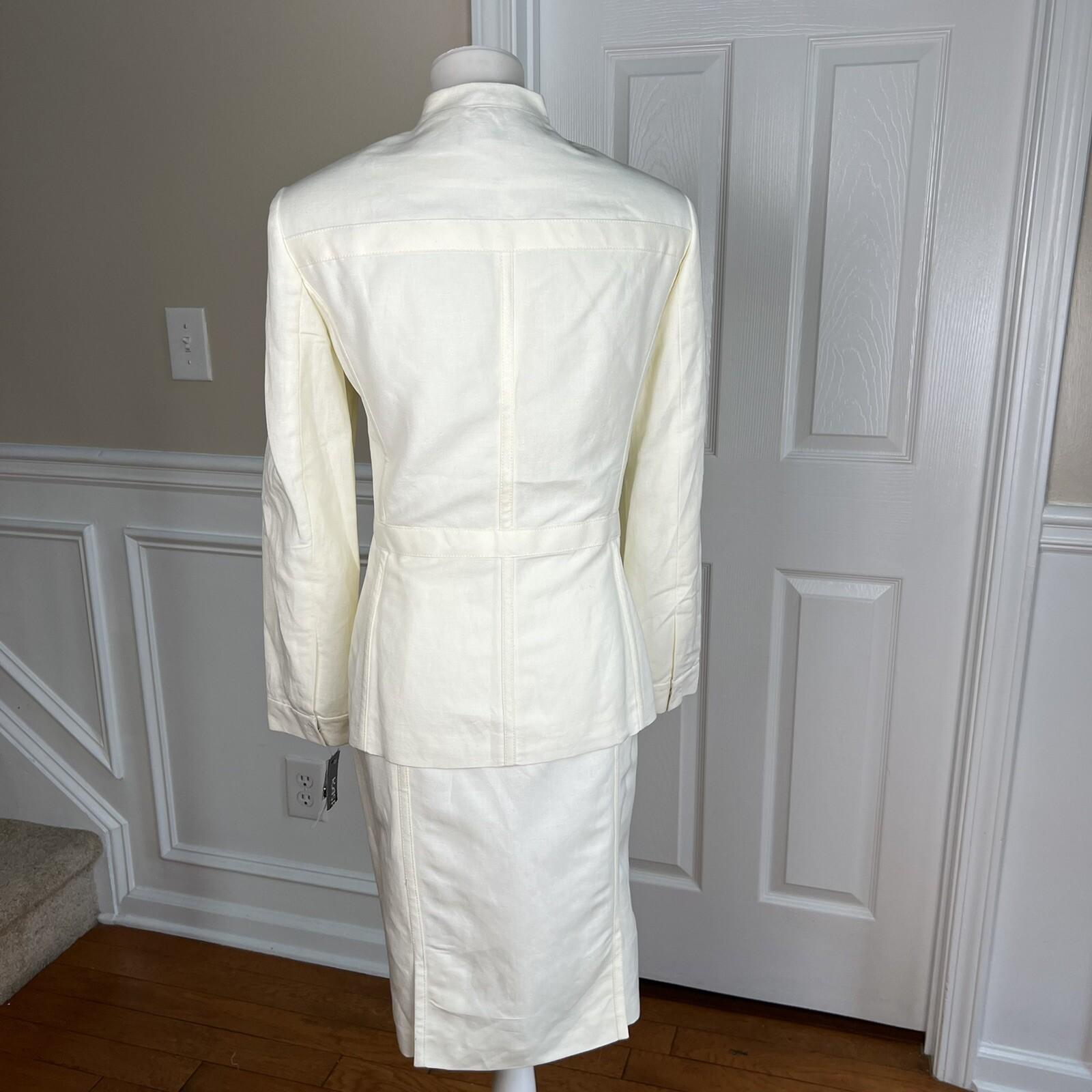 KASPER Linen Rayon Skirt 10P Suit 10 Stand Up Collar Off White Lined 2PC New