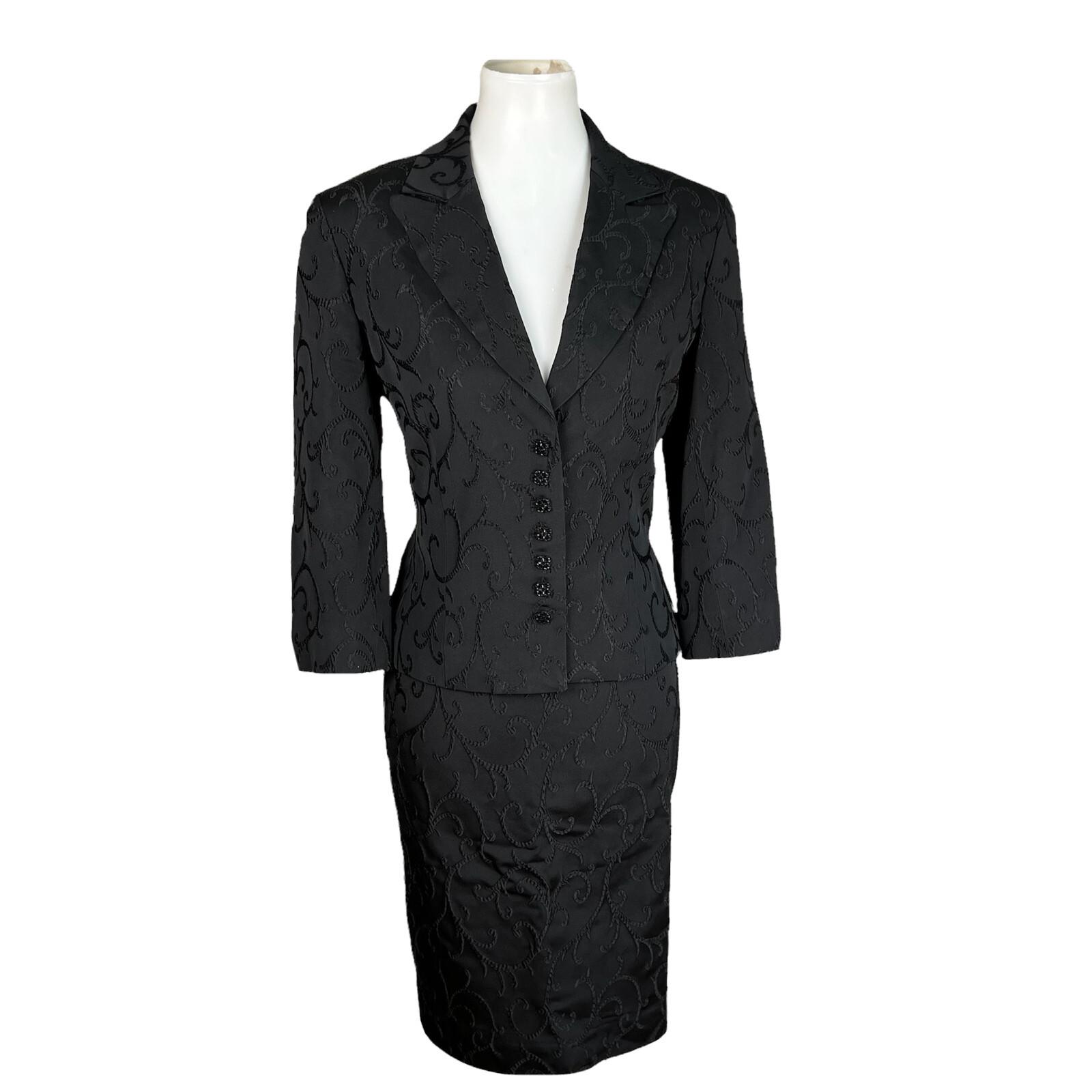 Jones New York Acetate Nylon Stretch Skirt Suit Size 8 Black Floral 3/4 Sleeves