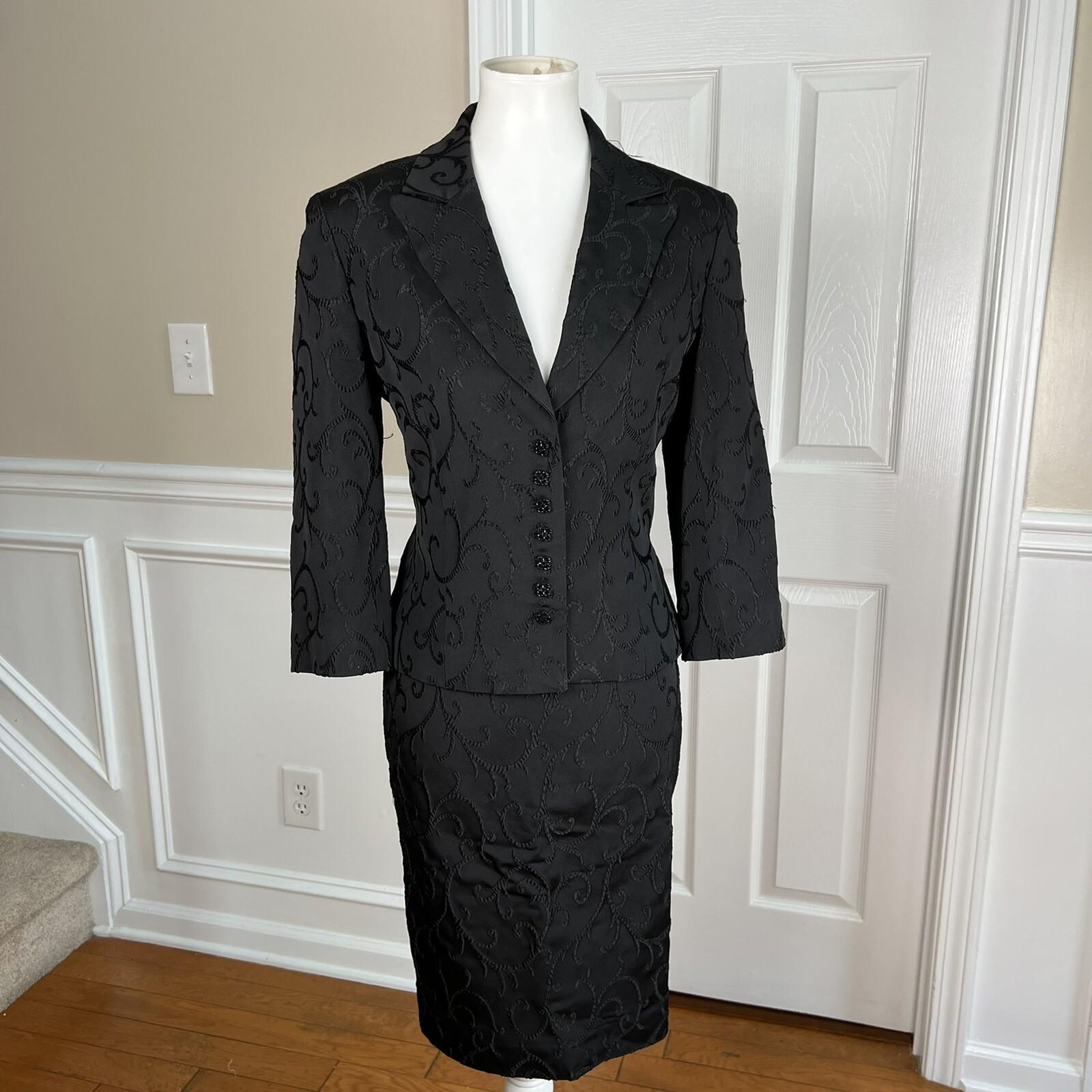 Jones New York Acetate Nylon Stretch Skirt Suit Size 8 Black Floral 3/4 Sleeves