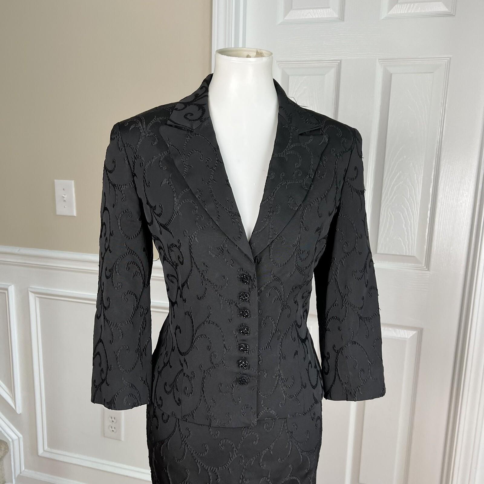 Jones New York Acetate Nylon Stretch Skirt Suit Size 8 Black Floral 3/4 Sleeves