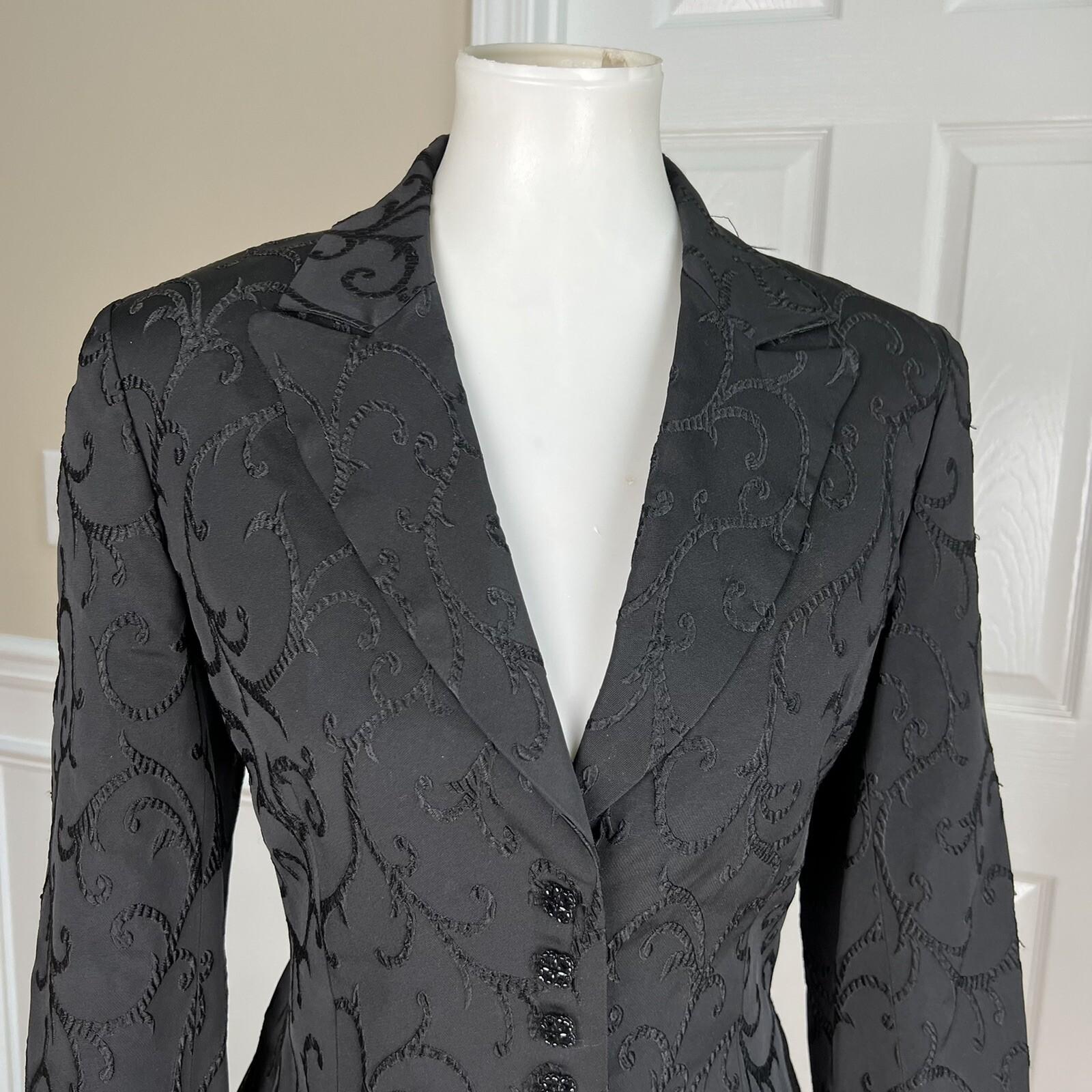 Jones New York Acetate Nylon Stretch Skirt Suit Size 8 Black Floral 3/4 Sleeves