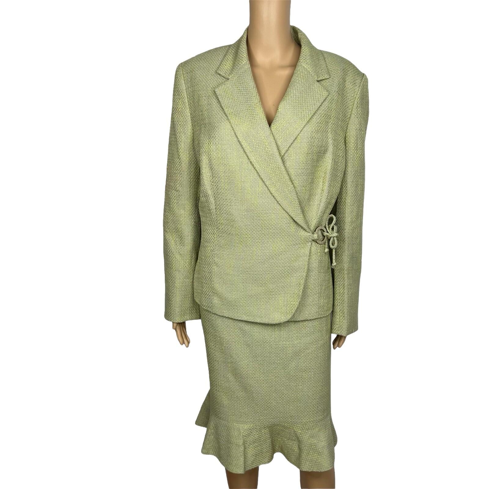 Kasper Women Polyester Rayon Skirt Suit 16 Green Ruffle Lined Wrap Belted 2PC