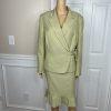 Kasper Women Polyester Rayon Skirt Suit 16 Green Ruffle Lined Wrap Belted 2PC