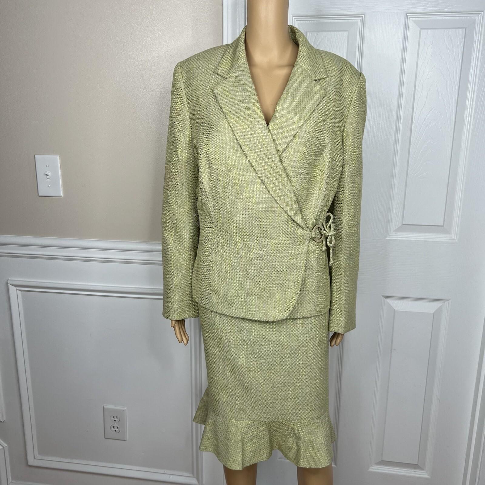 Kasper Women Polyester Rayon Skirt Suit 16 Green Ruffle Lined Wrap Belted 2PC