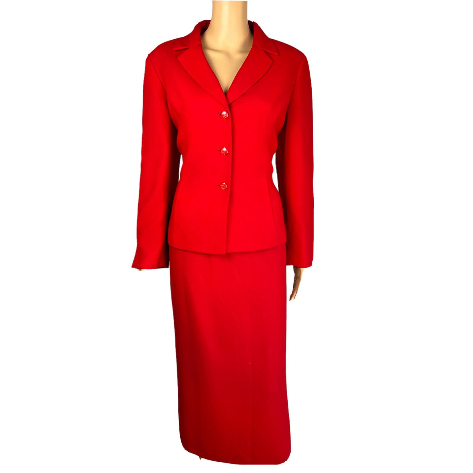 KASPER ASL 2PC Red Polyester Rayon Lined Notch Collar Skirt Suit Size 10P