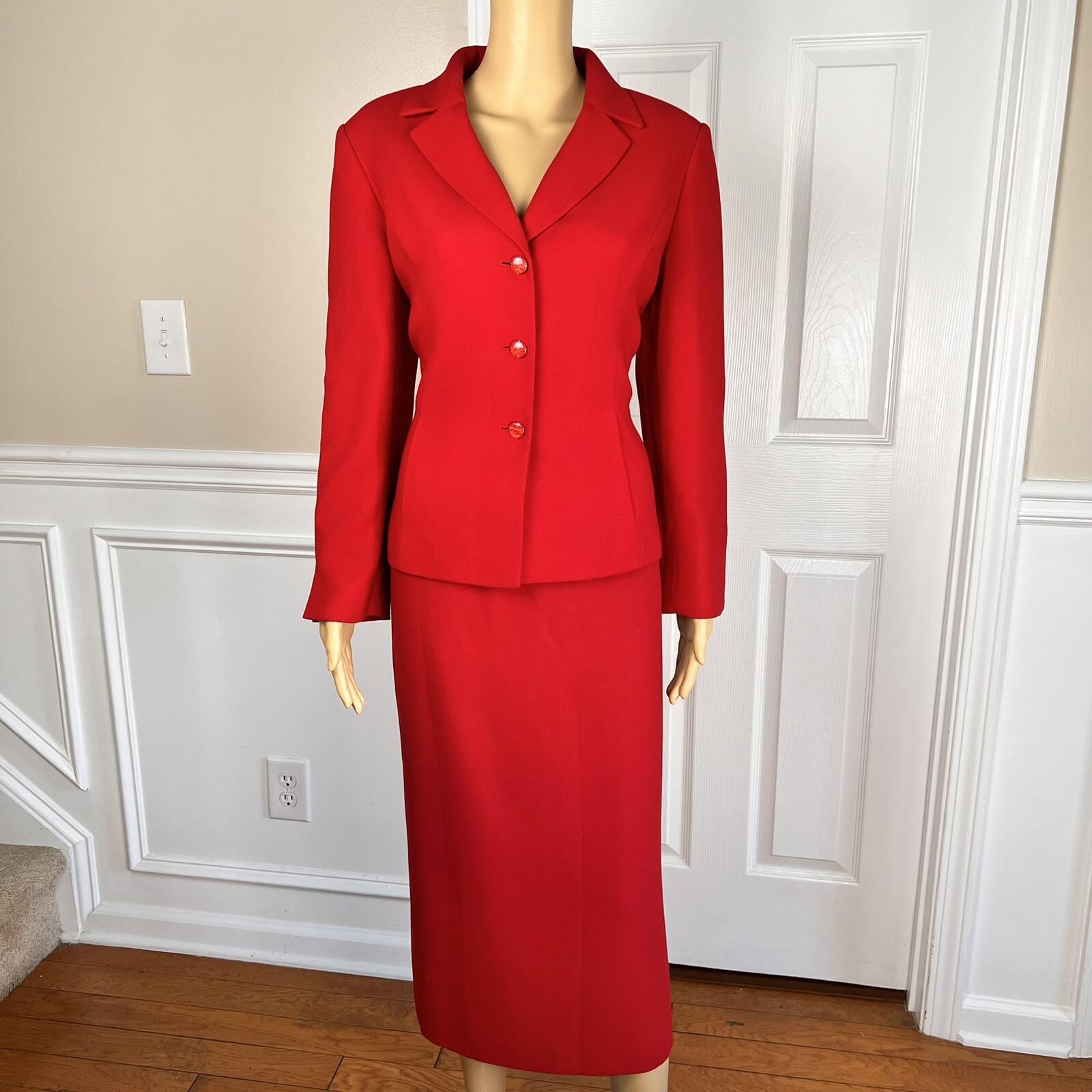 KASPER ASL 2PC Red Polyester Rayon Lined Notch Collar Skirt Suit Size 10P