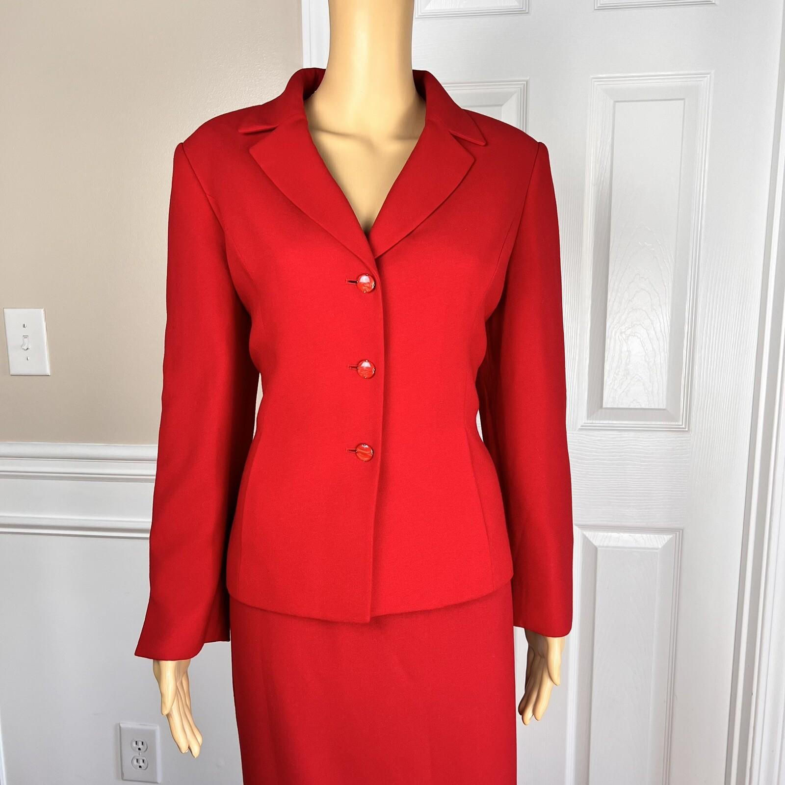 KASPER ASL 2PC Red Polyester Rayon Lined Notch Collar Skirt Suit Size 10P