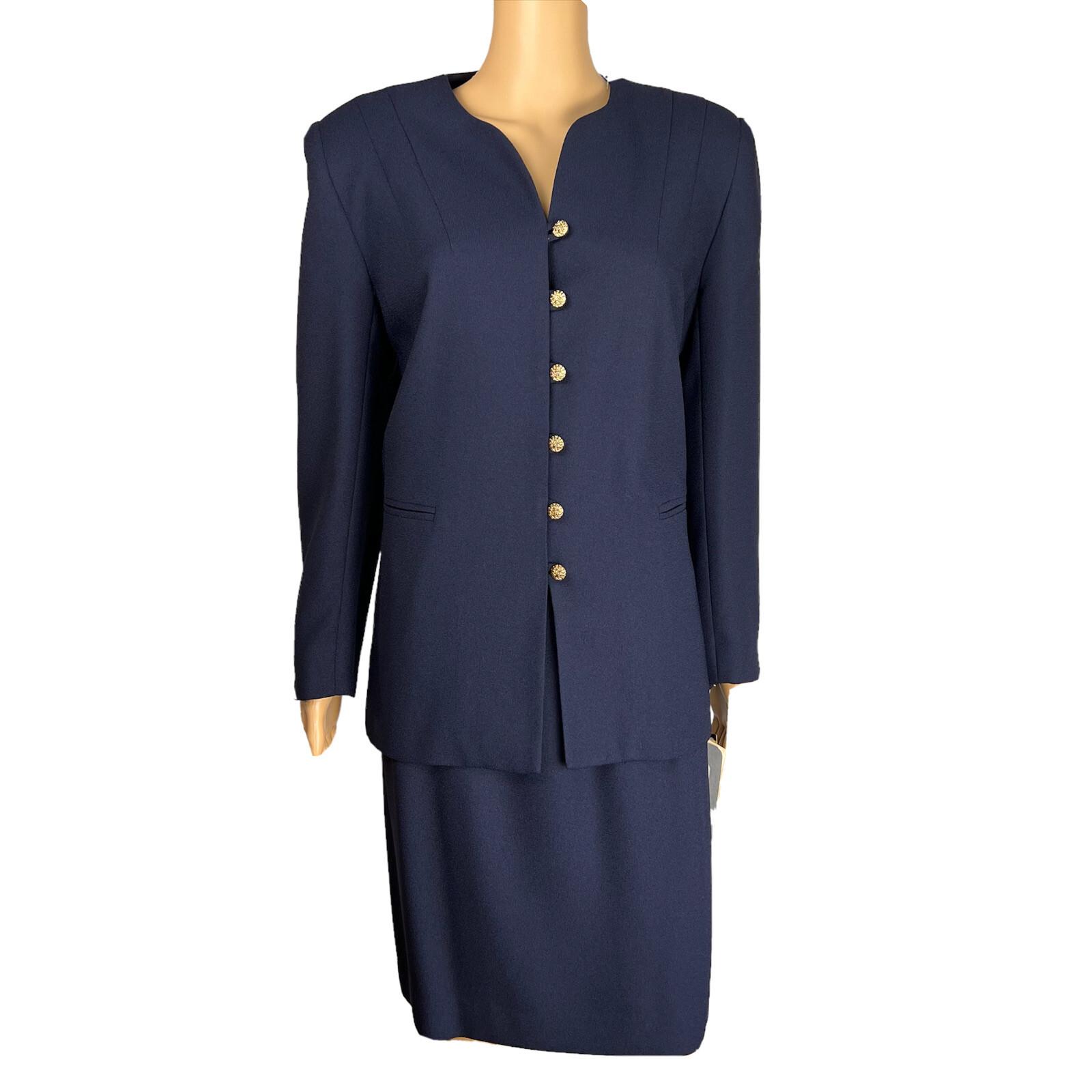 New SUITSME 2PC Navy Blue Polyester Acetate Lined Collarless Skirt Suit Size 12P