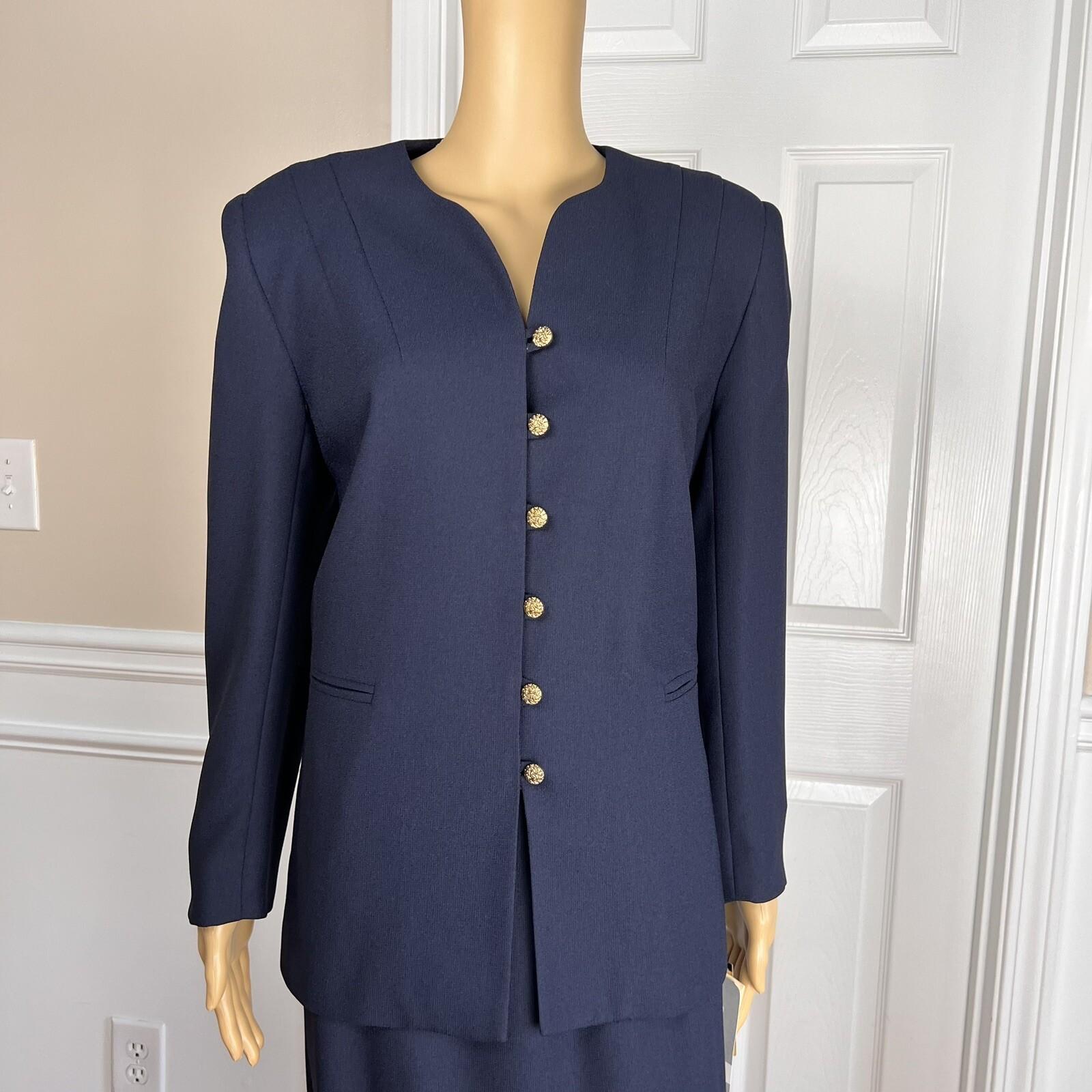 New SUITSME 2PC Navy Blue Polyester Acetate Lined Collarless Skirt Suit Size 12P