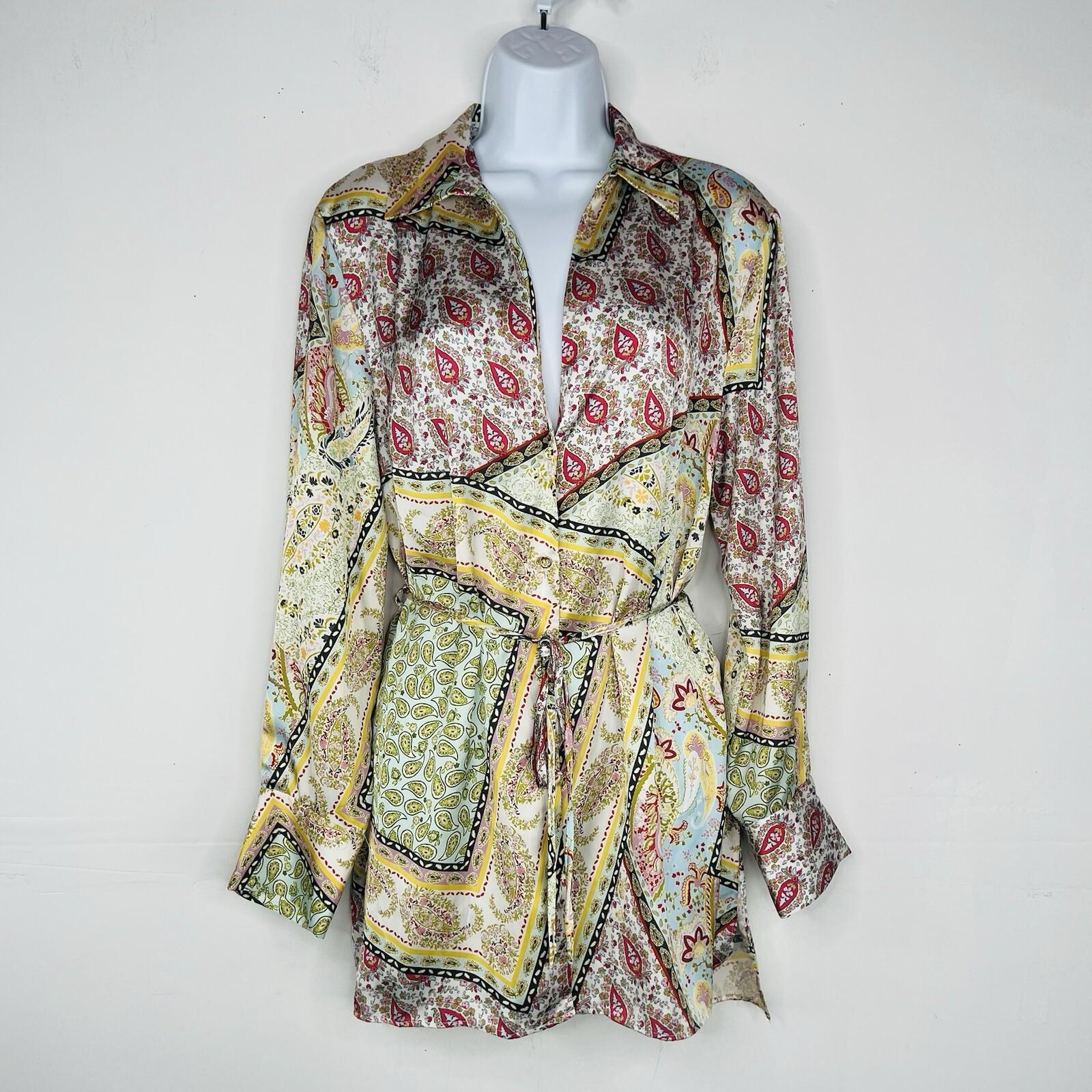 Zara Roxine Shirt Style Dress L Paisley High Low Hem Long Sleeves Belted Silky