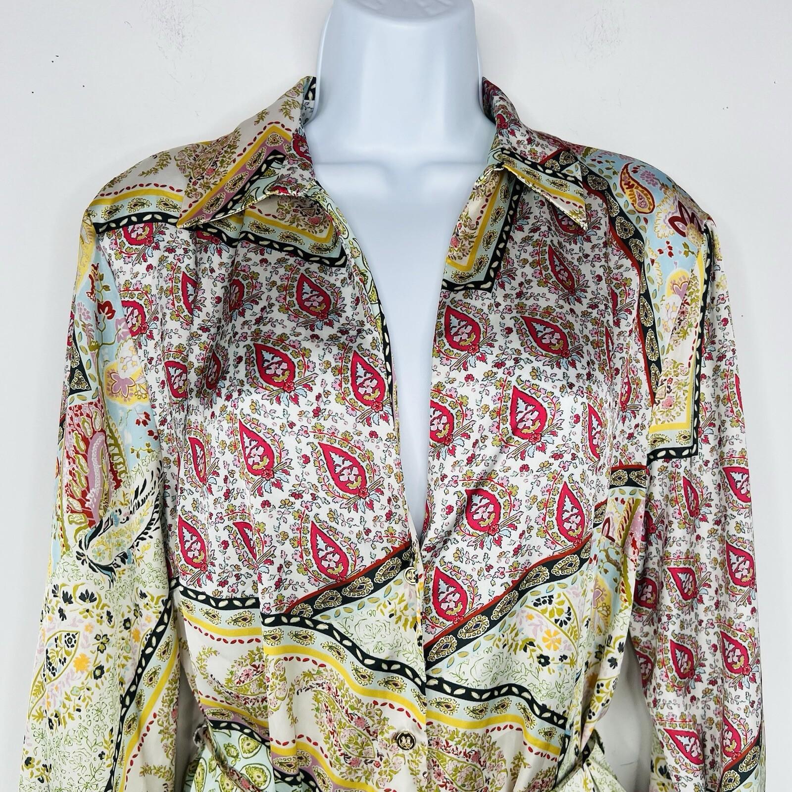Zara Roxine Shirt Style Dress L Paisley High Low Hem Long Sleeves Belted Silky