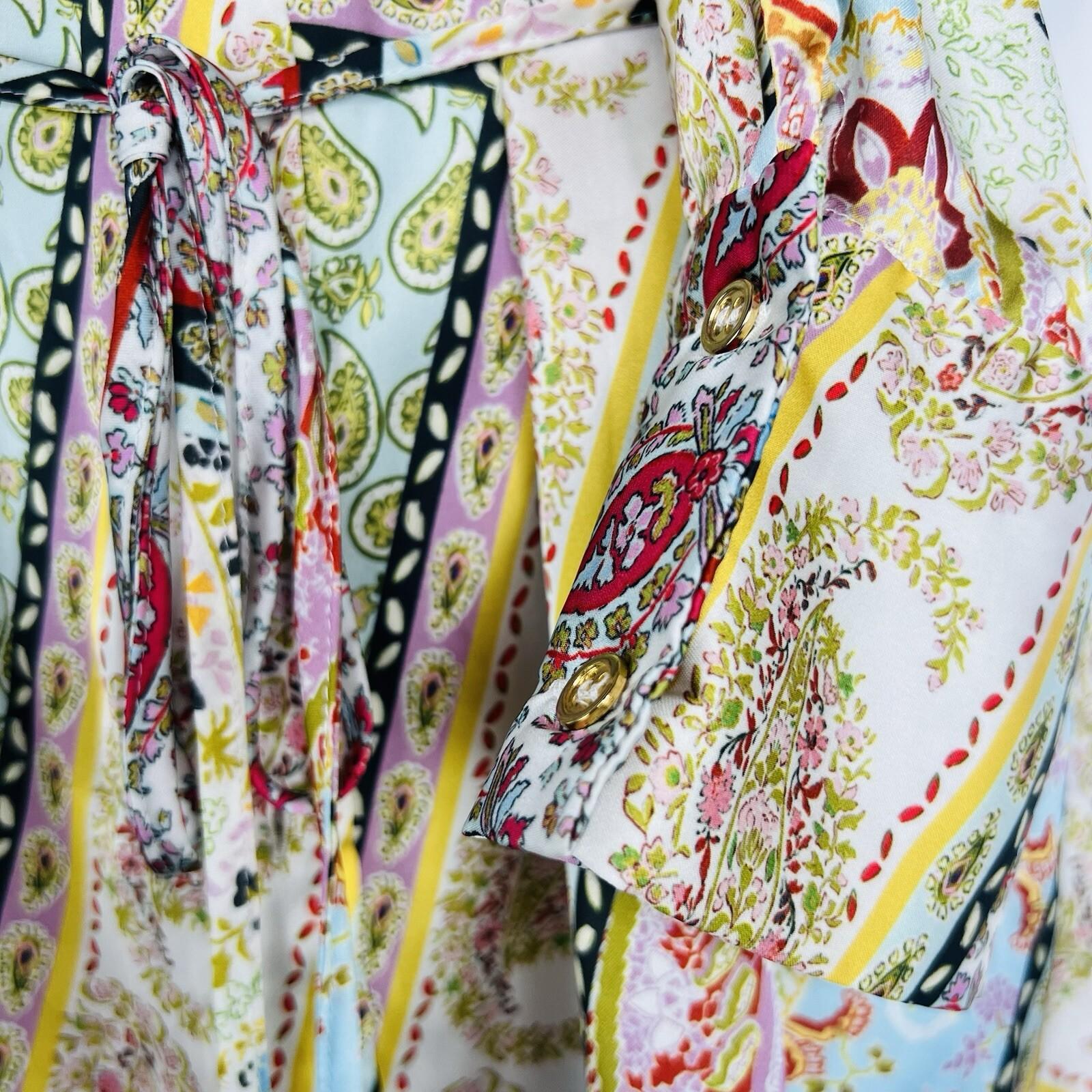 Zara Roxine Shirt Style Dress L Paisley High Low Hem Long Sleeves Belted Silky