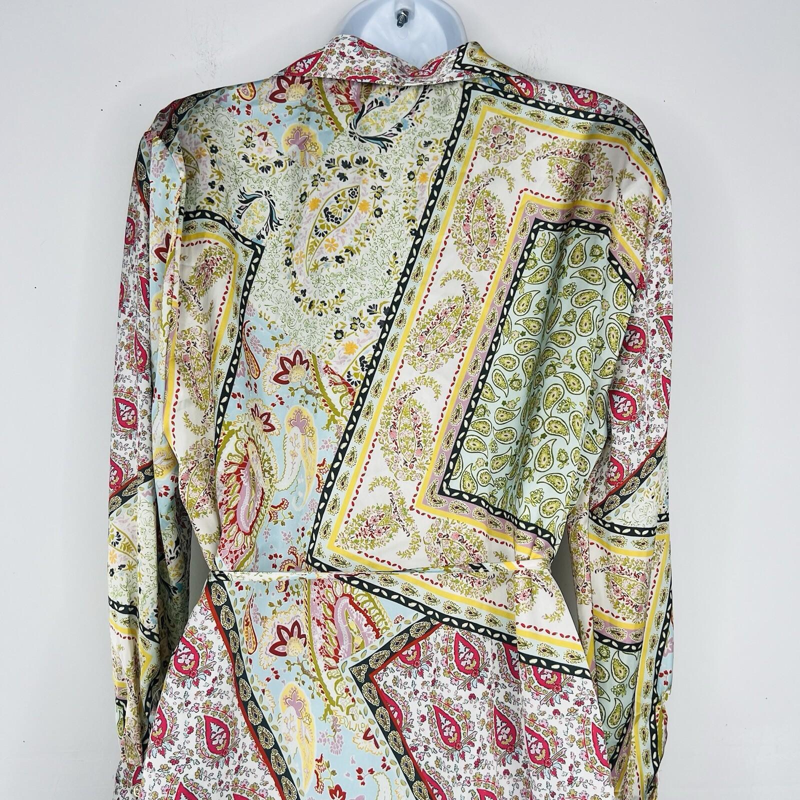 Zara Roxine Shirt Style Dress L Paisley High Low Hem Long Sleeves Belted Silky