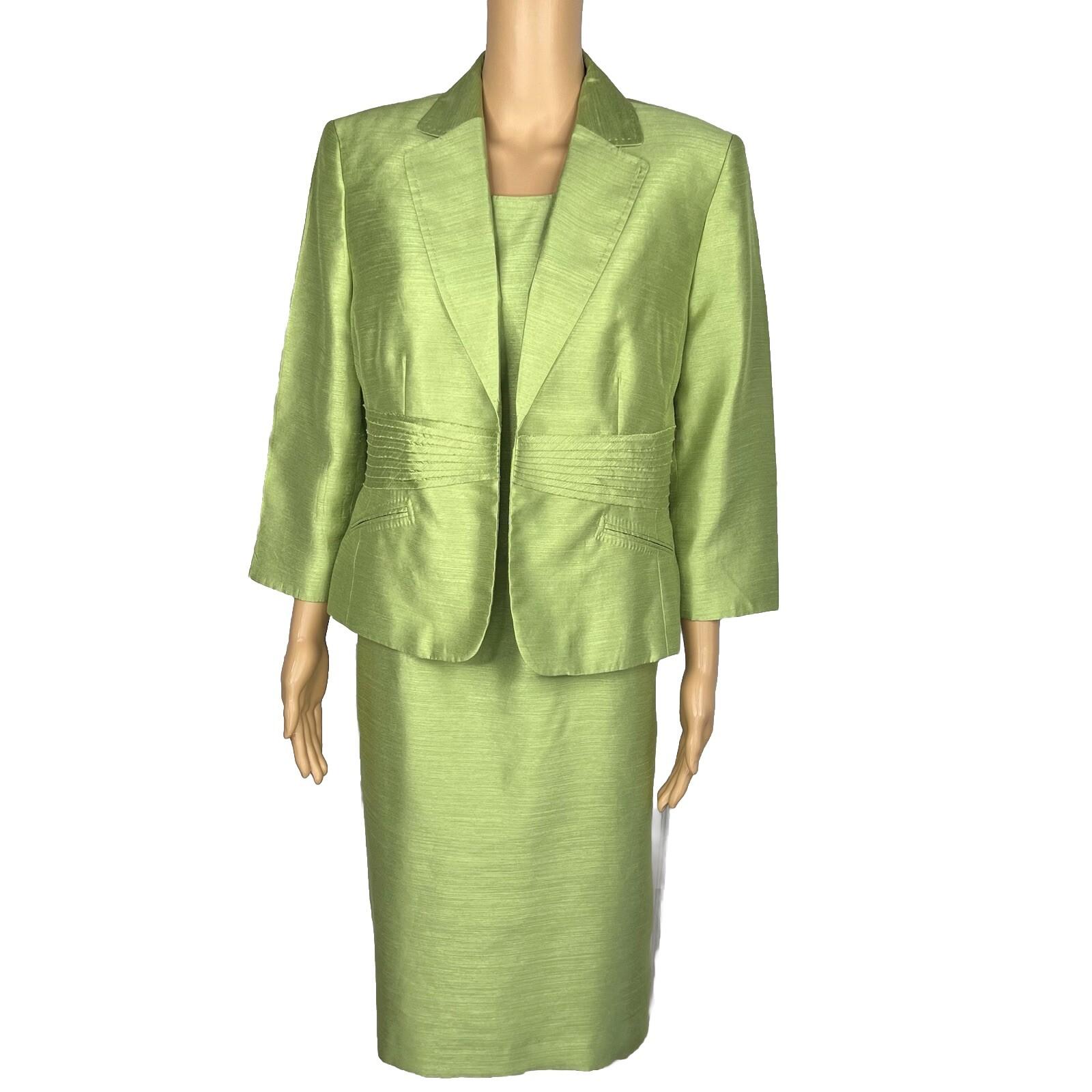 Kasper Women Polyester Dress Suit 14 Green Lined Open Front 3/4 Sleeves 2PC