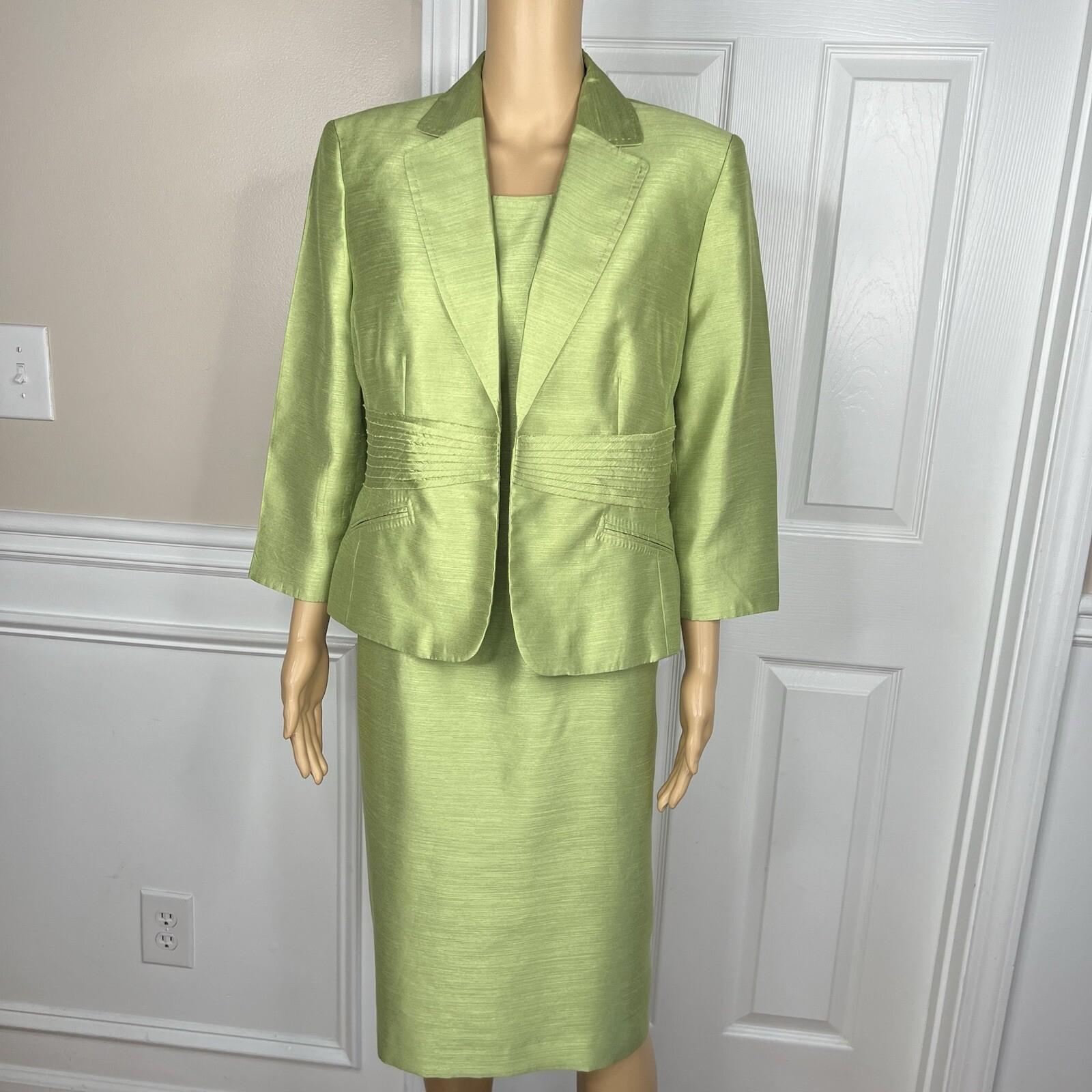 Kasper Women Polyester Dress Suit 14 Green Lined Open Front 3/4 Sleeves 2PC
