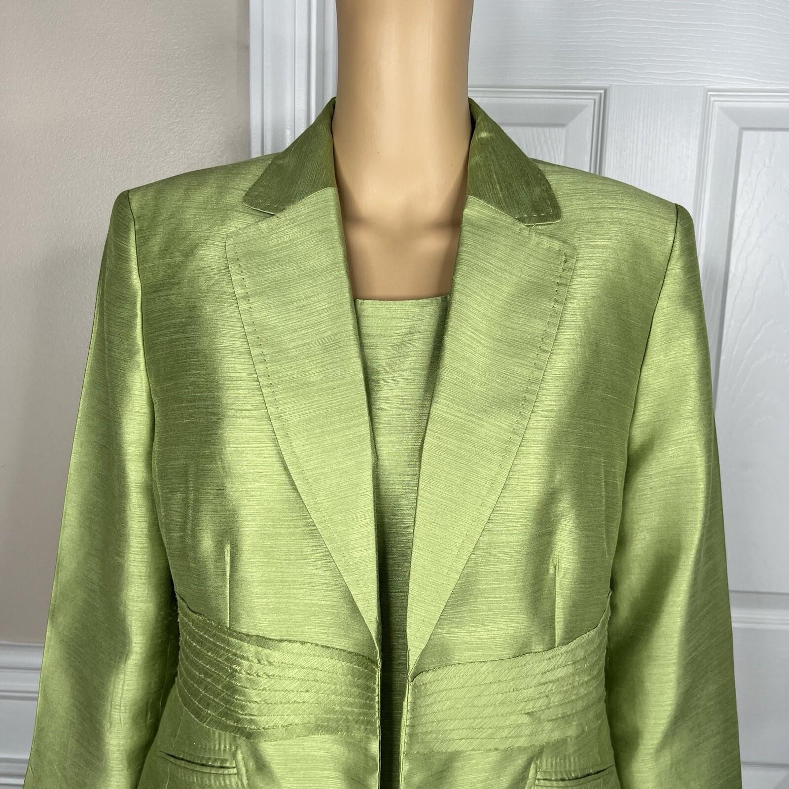 Kasper Women Polyester Dress Suit 14 Green Lined Open Front 3/4 Sleeves 2PC