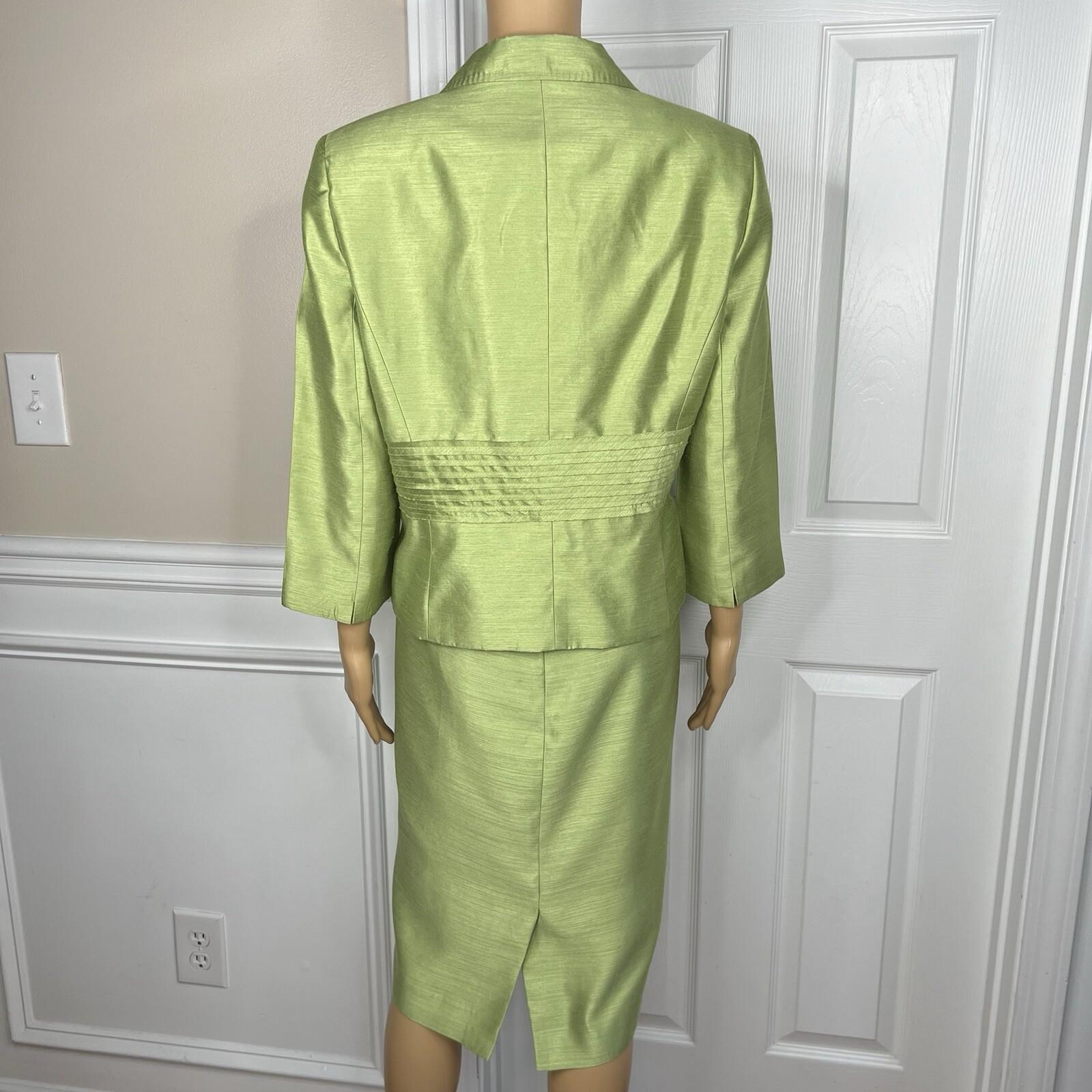 Kasper Women Polyester Dress Suit 14 Green Lined Open Front 3/4 Sleeves 2PC