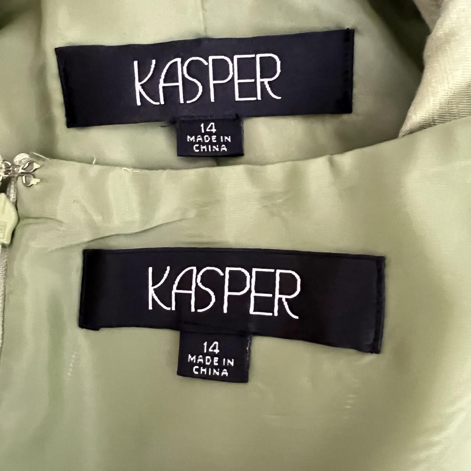 Kasper Women Polyester Dress Suit 14 Green Lined Open Front 3/4 Sleeves 2PC