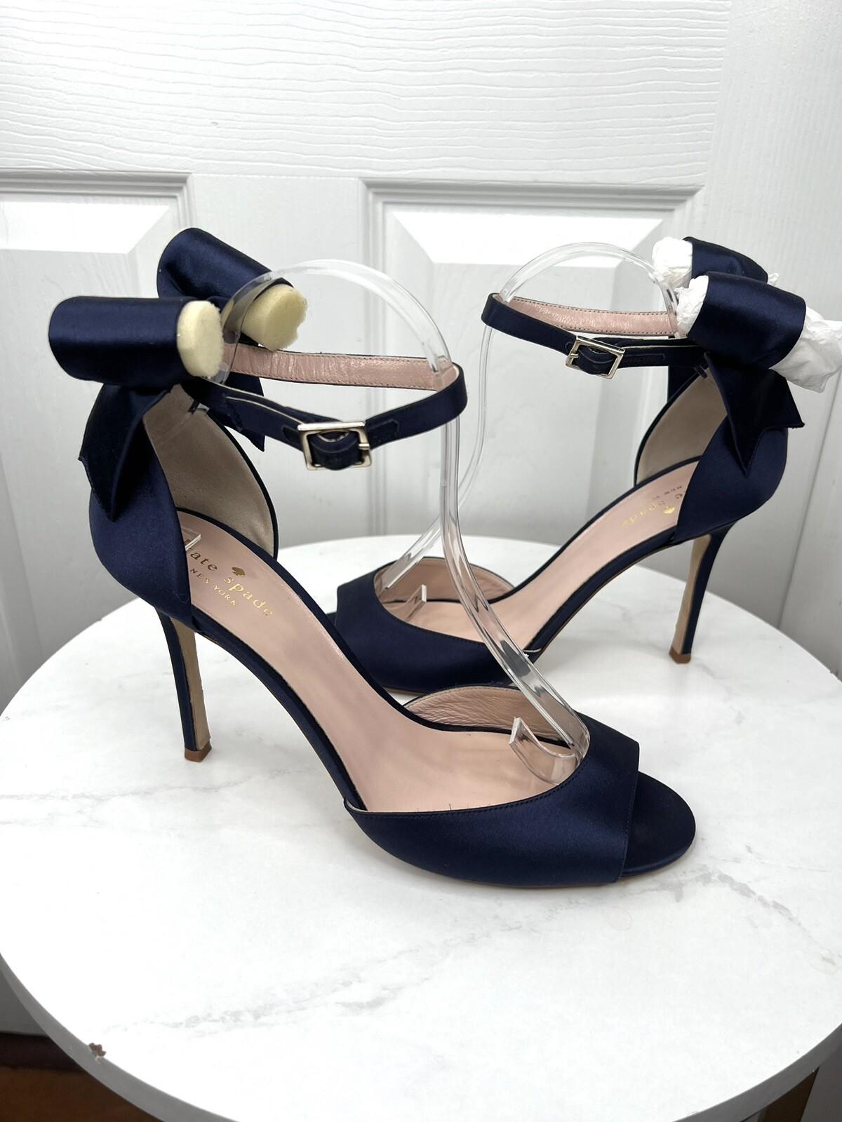 Kate Spade Izzie Satin Shoes Size 9.5B Navy Blue Buckle At Ankle With Bow Pump