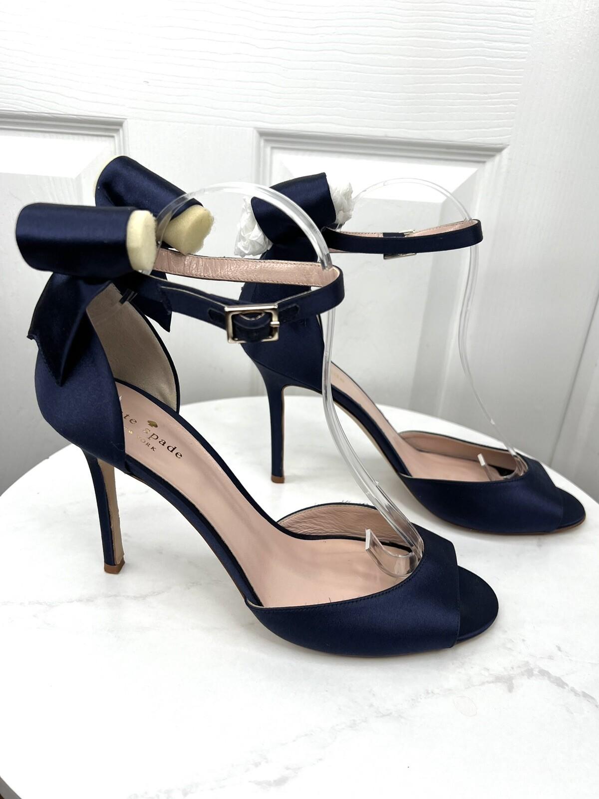 Kate Spade Izzie Satin Shoes Size 9.5B Navy Blue Buckle At Ankle With Bow Pump