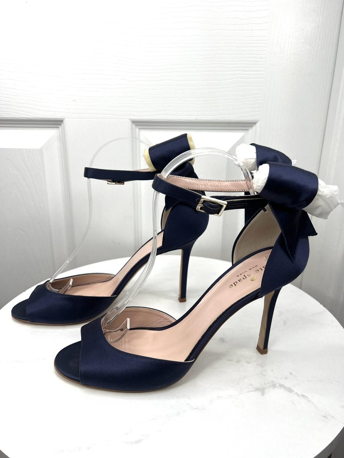 Kate Spade Izzie Satin Shoes Size 9.5B Navy Blue Buckle At Ankle With Bow Pump