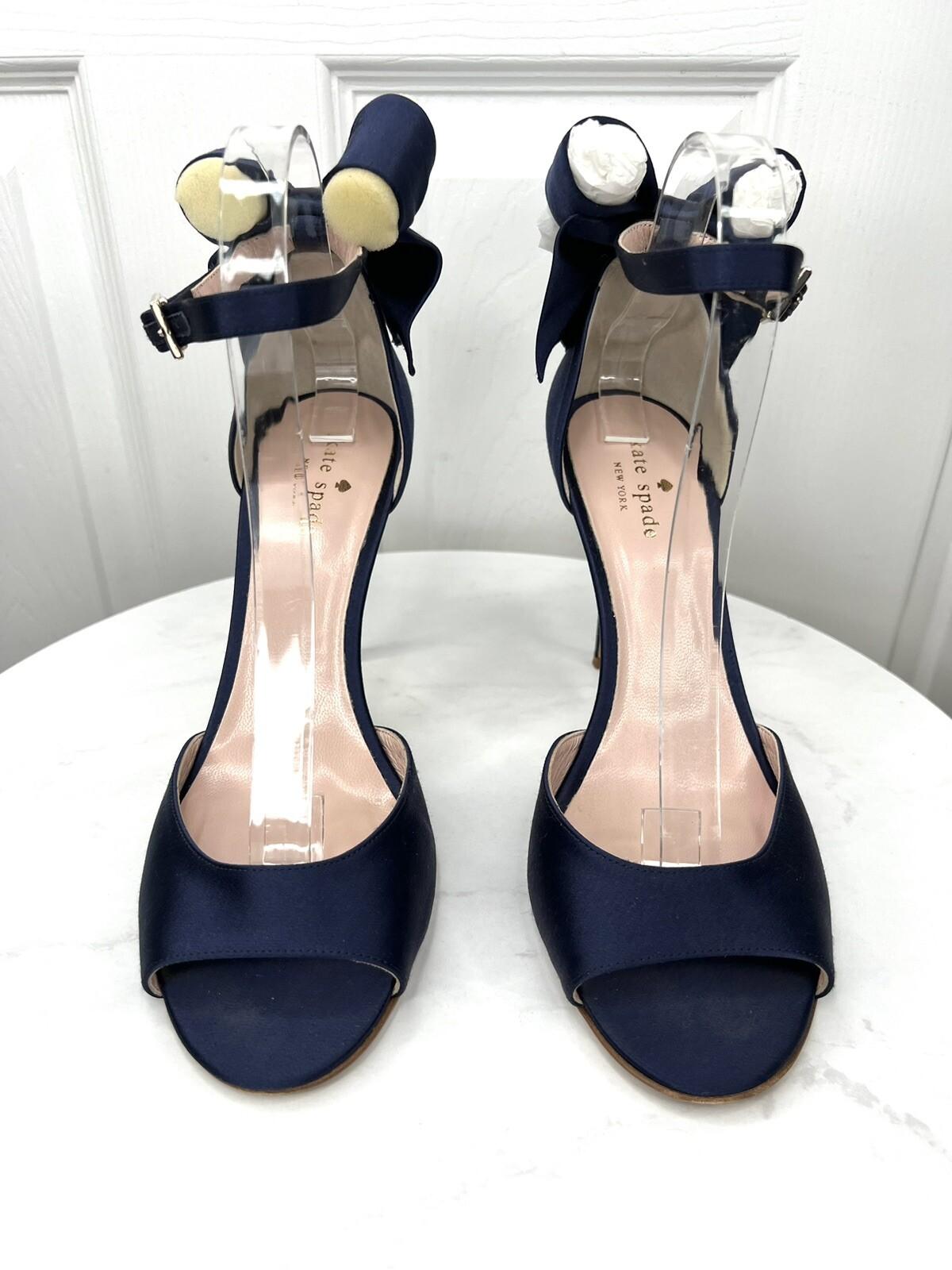 Kate Spade Izzie Satin Shoes Size 9.5B Navy Blue Buckle At Ankle With Bow Pump