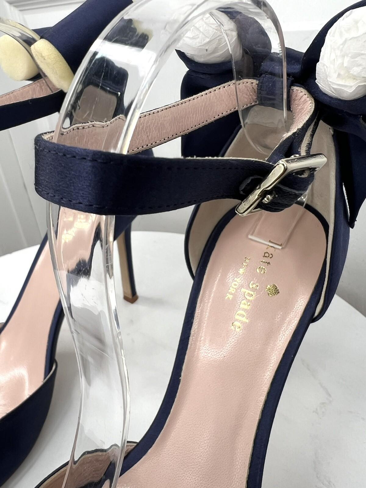 Kate Spade Izzie Satin Shoes Size 9.5B Navy Blue Buckle At Ankle With Bow Pump