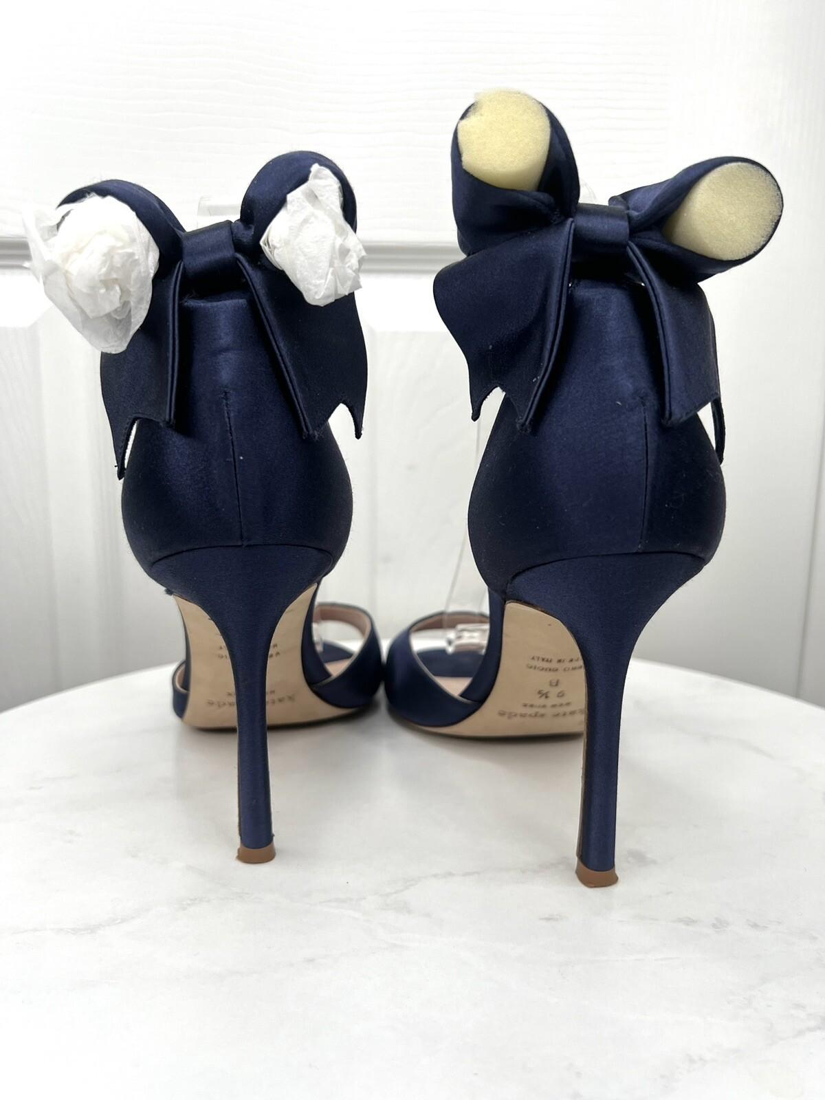 Kate Spade Izzie Satin Shoes Size 9.5B Navy Blue Buckle At Ankle With Bow Pump