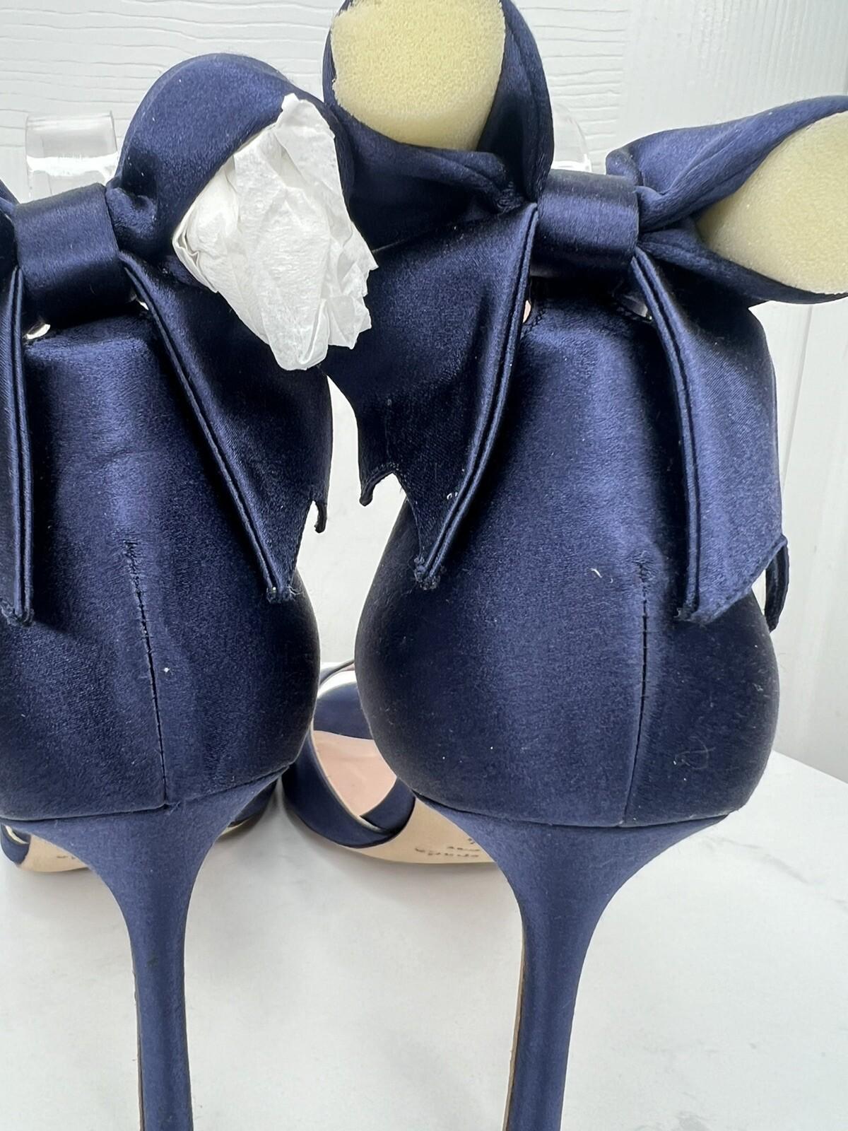 Kate Spade Izzie Satin Shoes Size 9.5B Navy Blue Buckle At Ankle With Bow Pump