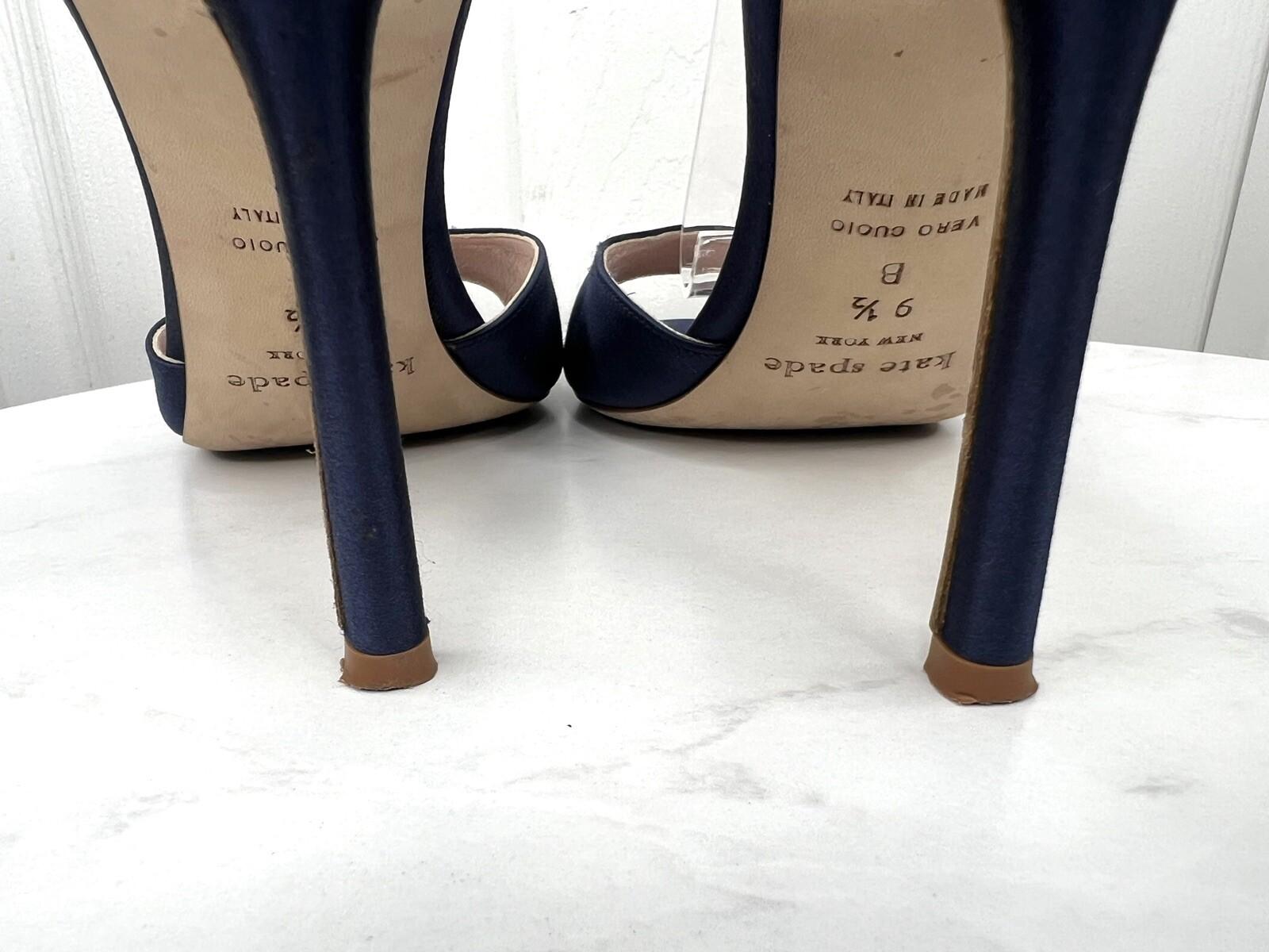 Kate Spade Izzie Satin Shoes Size 9.5B Navy Blue Buckle At Ankle With Bow Pump