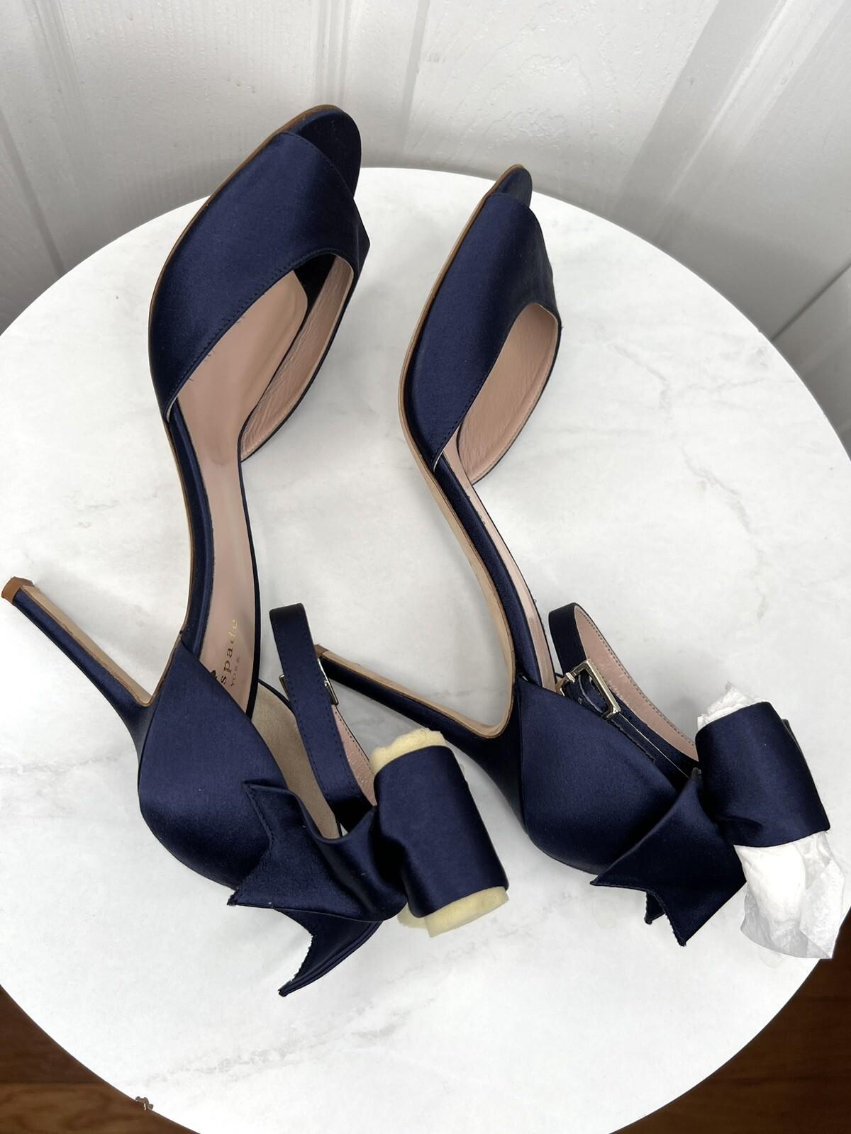 Kate Spade Izzie Satin Shoes Size 9.5B Navy Blue Buckle At Ankle With Bow Pump