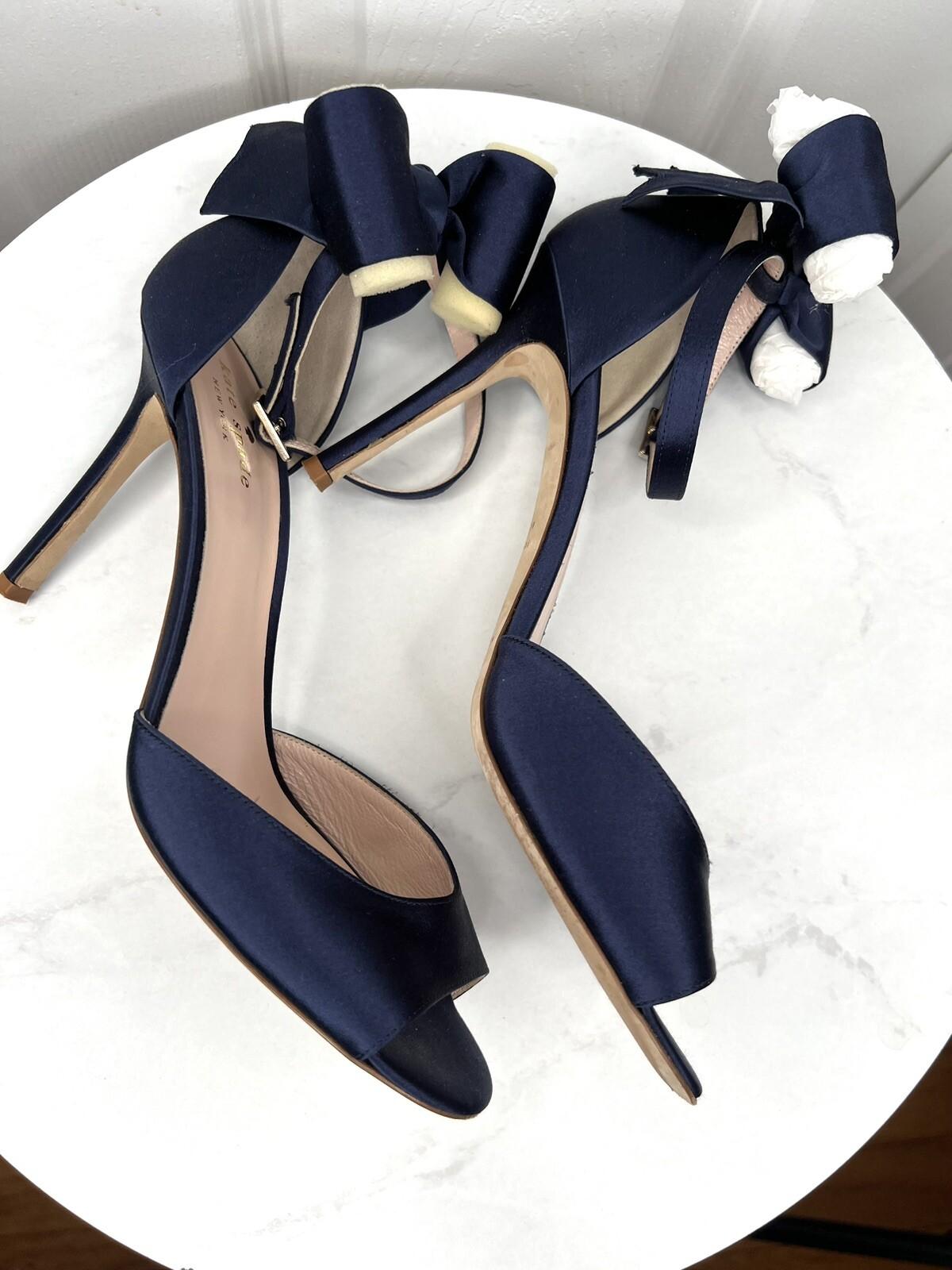 Kate Spade Izzie Satin Shoes Size 9.5B Navy Blue Buckle At Ankle With Bow Pump