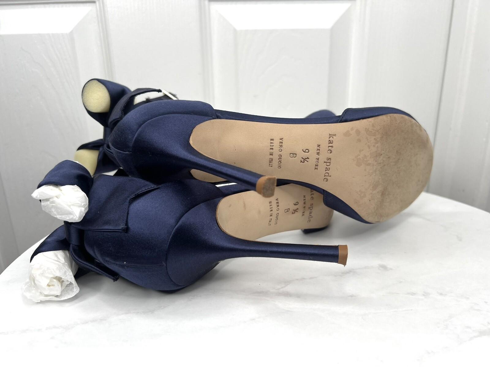 Kate Spade Izzie Satin Shoes Size 9.5B Navy Blue Buckle At Ankle With Bow Pump