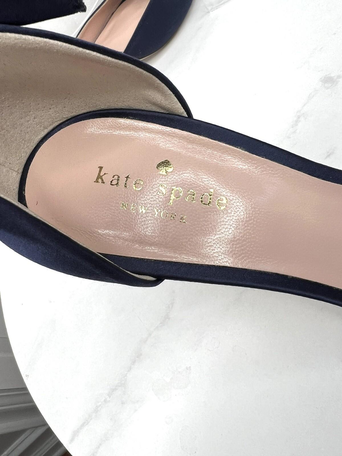 Kate Spade Izzie Satin Shoes Size 9.5B Navy Blue Buckle At Ankle With Bow Pump