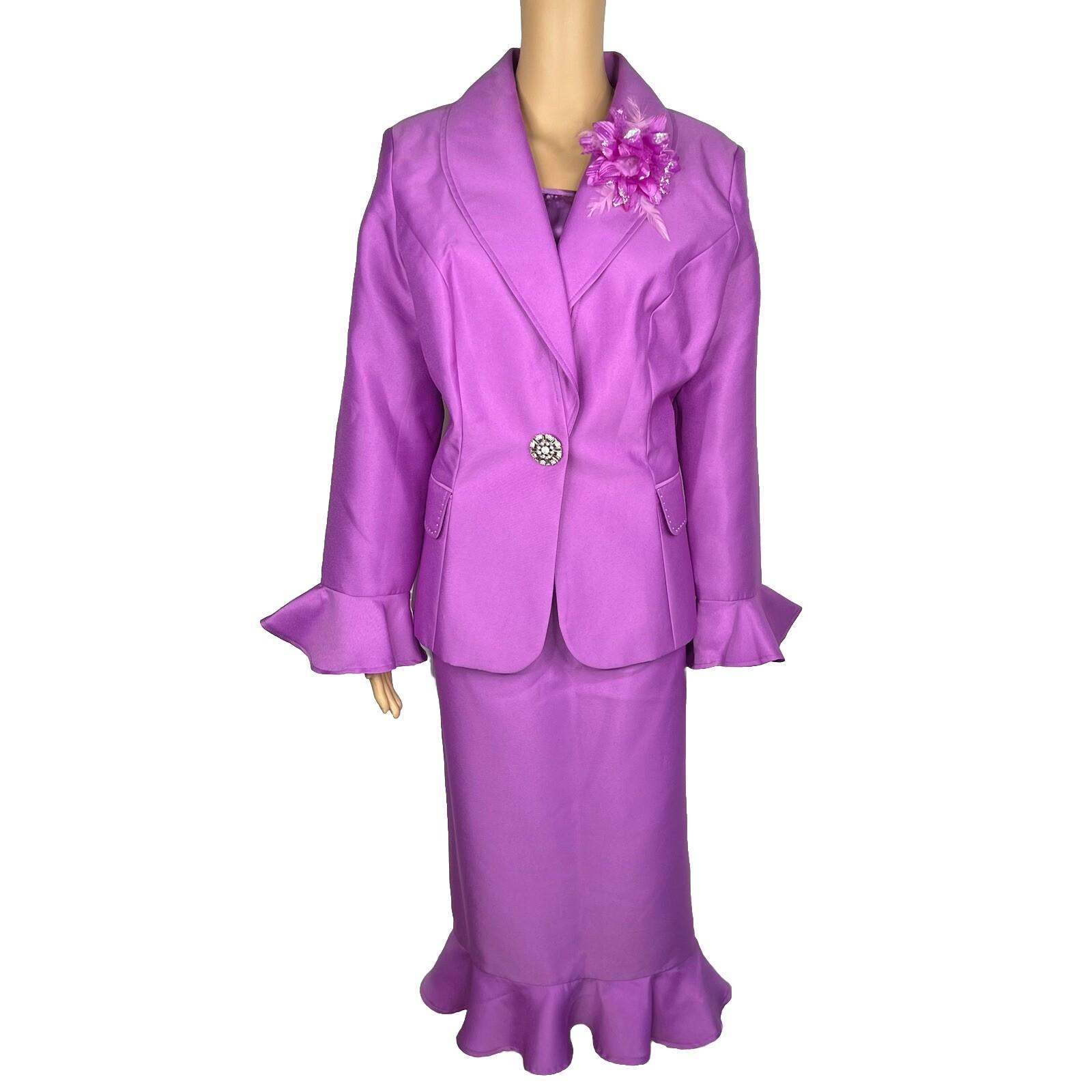 GMI Polyester Skirt Suit Top 16 Purple Ruffle Shawl Collar 3PC Bell Sleeves