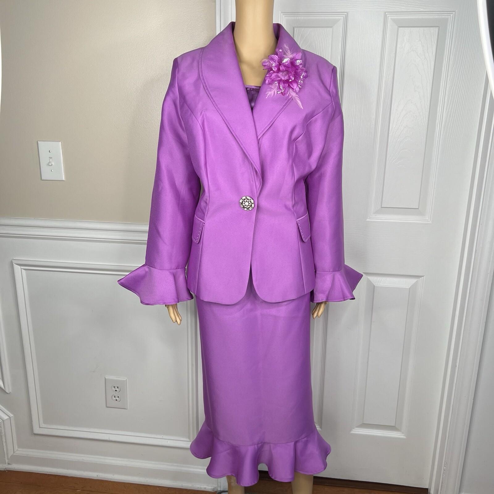 GMI Polyester Skirt Suit Top 16 Purple Ruffle Shawl Collar 3PC Bell Sleeves