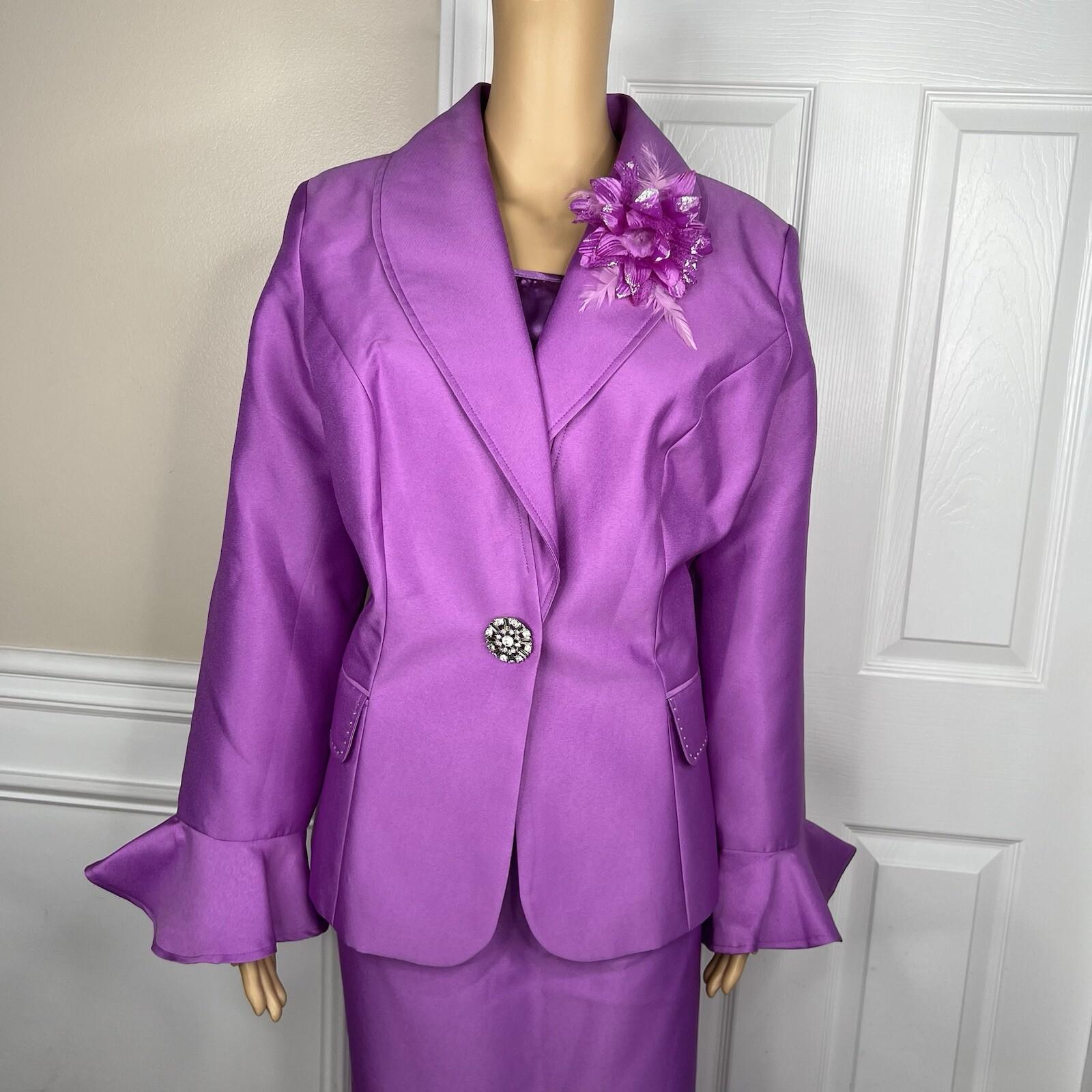 GMI Polyester Skirt Suit Top 16 Purple Ruffle Shawl Collar 3PC Bell Sleeves