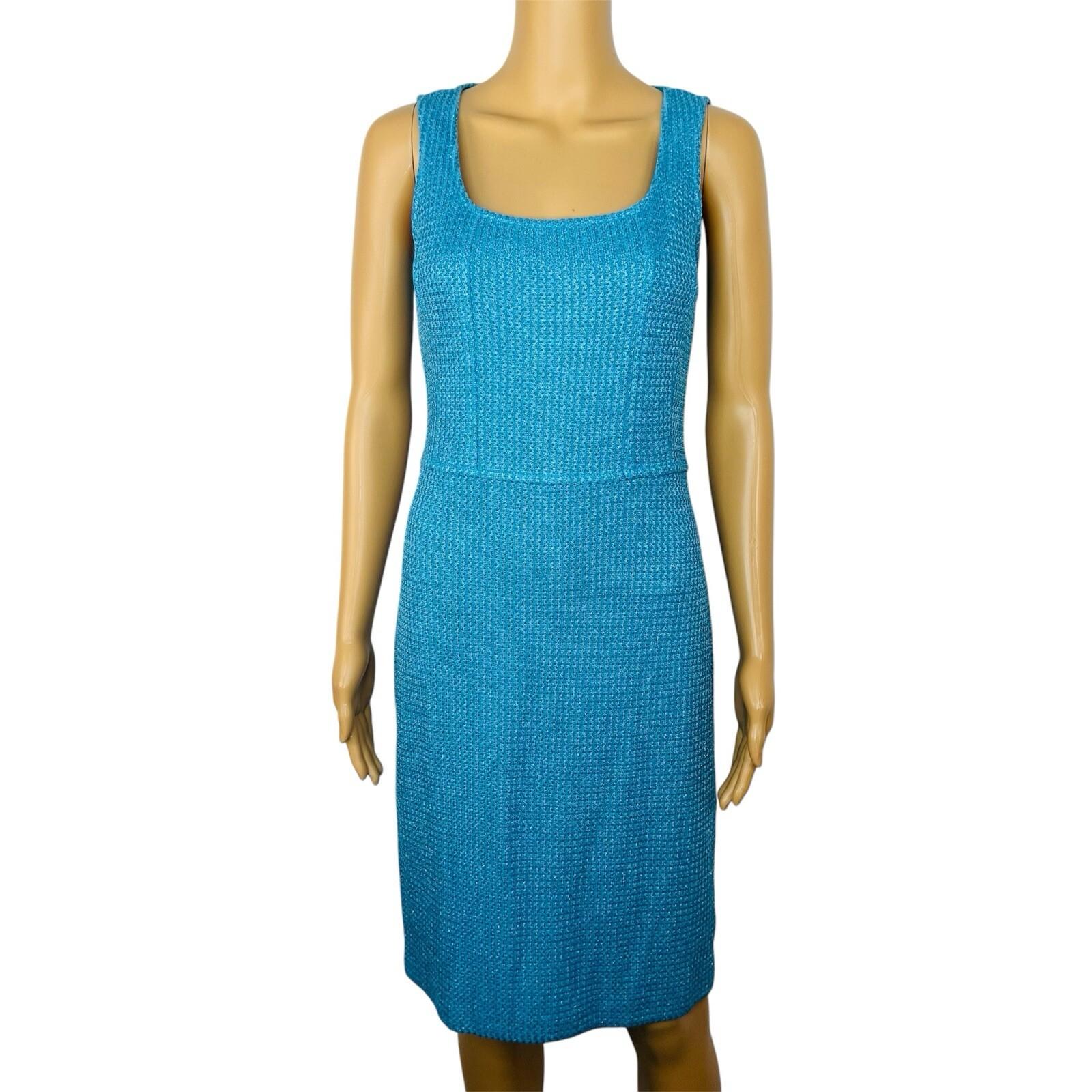 10-1225.jpg St John Santana Knit Metallic Dress Size 2 Turquoise Shimmer Luxury Sleeveless