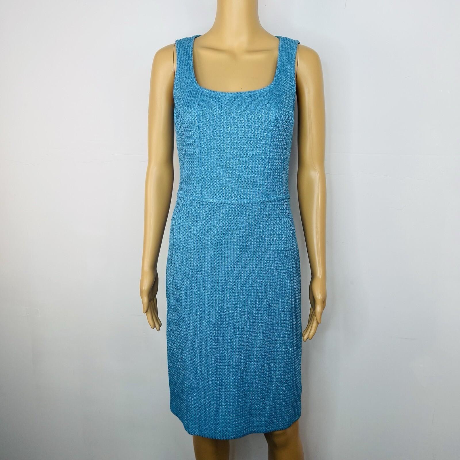 10-1227.jpg St John Santana Knit Metallic Dress Size 2 Turquoise Shimmer Luxury Sleeveless
