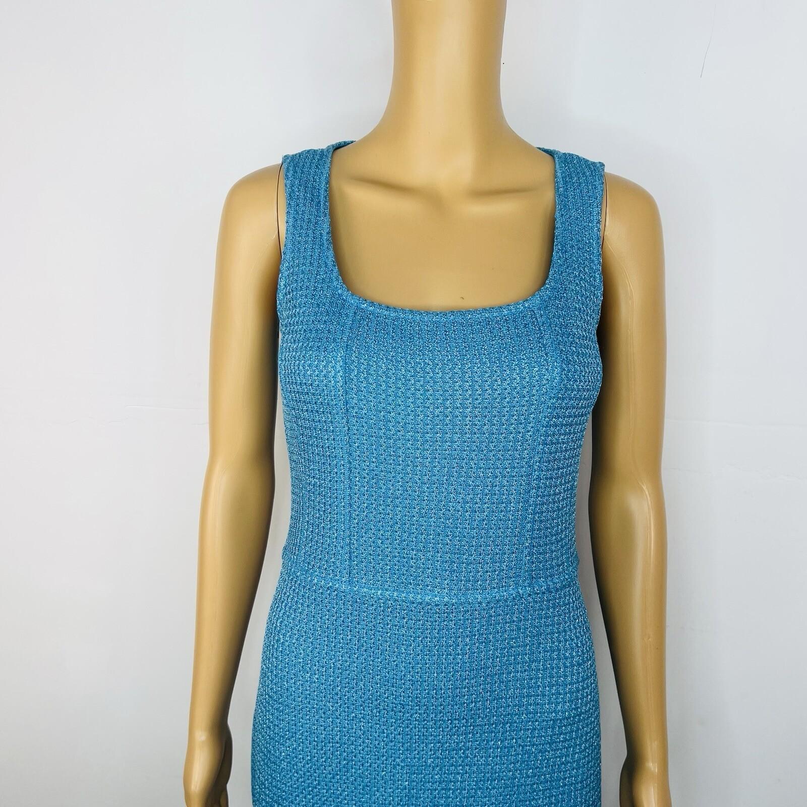 10-1229.jpg St John Santana Knit Metallic Dress Size 2 Turquoise Shimmer Luxury Sleeveless