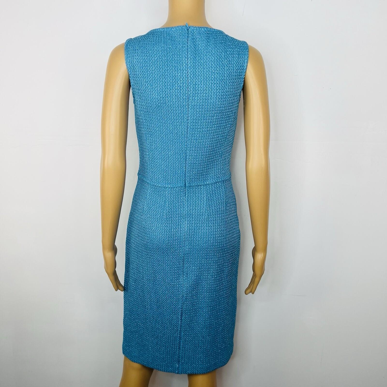 10-1233.jpg St John Santana Knit Metallic Dress Size 2 Turquoise Shimmer Luxury Sleeveless