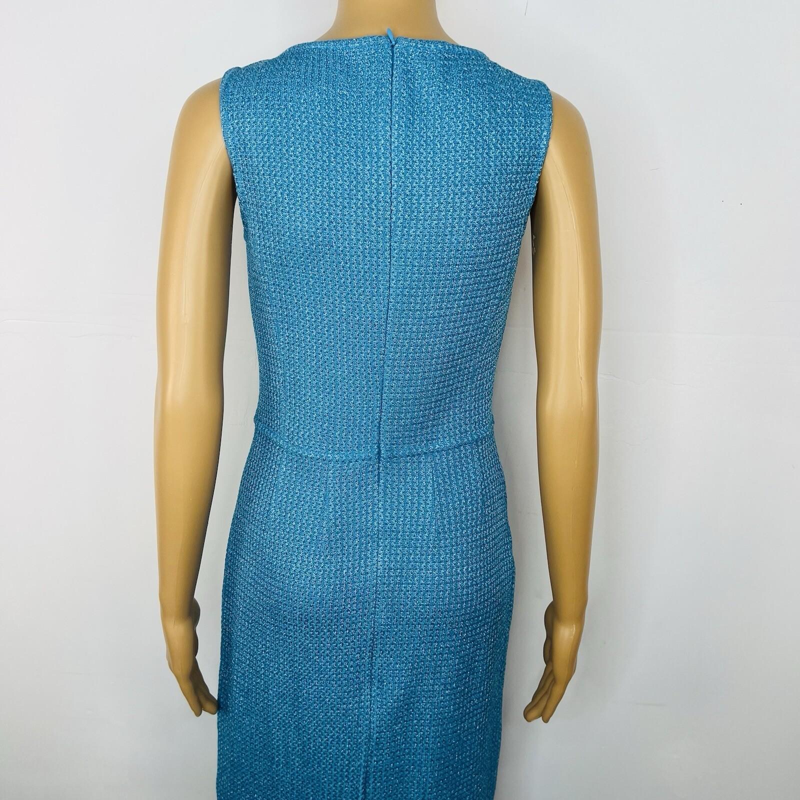 10-1235.jpg St John Santana Knit Metallic Dress Size 2 Turquoise Shimmer Luxury Sleeveless