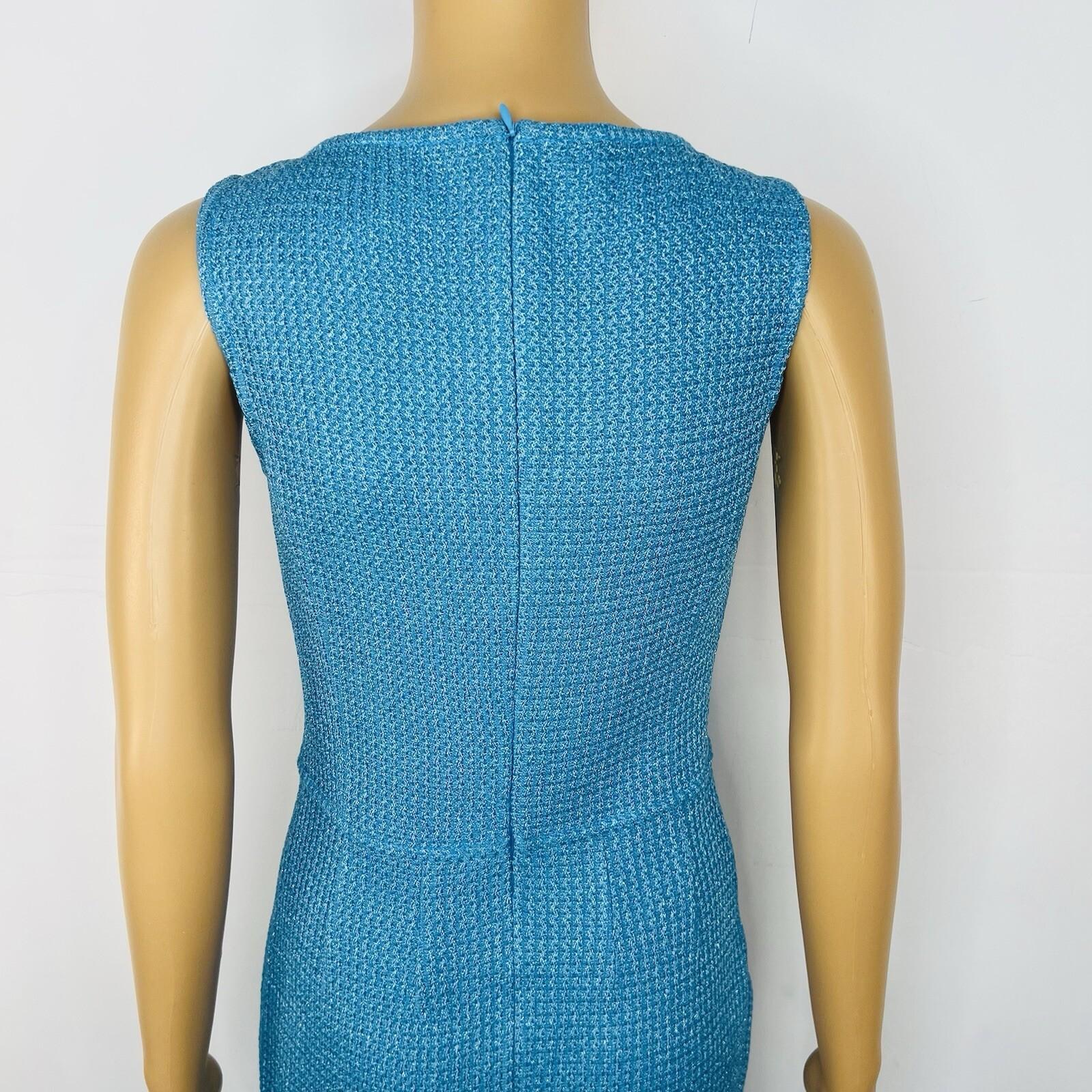 10-1237.jpg St John Santana Knit Metallic Dress Size 2 Turquoise Shimmer Luxury Sleeveless