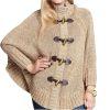 Mickael Kors Sweater L Tan Chunky Knit Poncho Mock Neck Full Zip Toggle Cape
