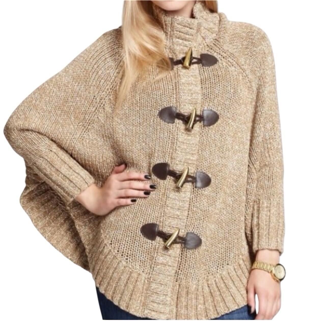 Mickael Kors Sweater L Tan Chunky Knit Poncho Mock Neck Full Zip Toggle Cape