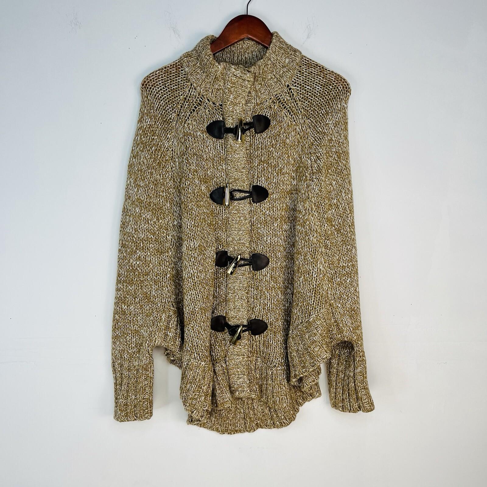 Mickael Kors Sweater L Tan Chunky Knit Poncho Mock Neck Full Zip Toggle Cape