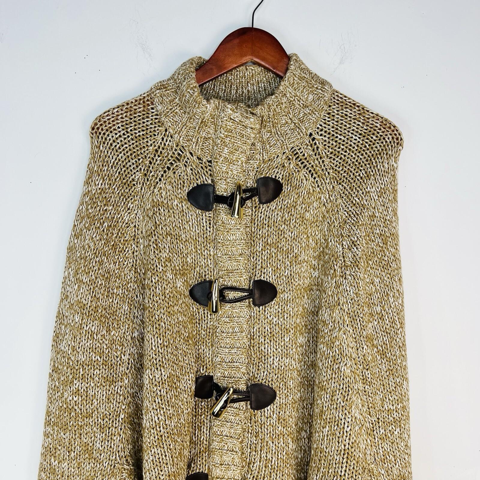 Mickael Kors Sweater L Tan Chunky Knit Poncho Mock Neck Full Zip Toggle Cape