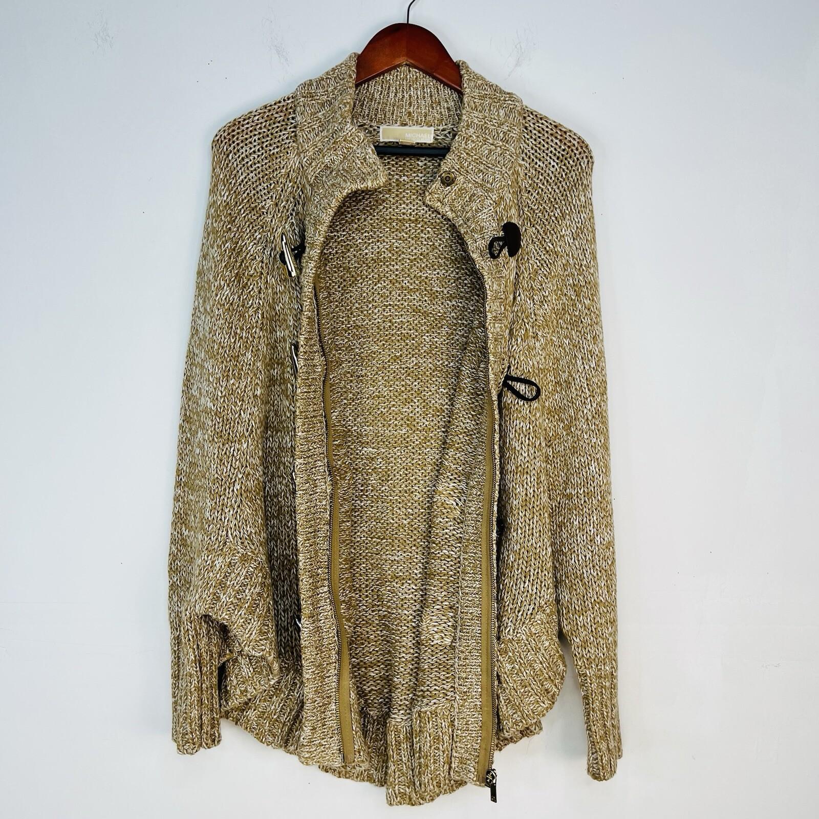 Mickael Kors Sweater L Tan Chunky Knit Poncho Mock Neck Full Zip Toggle Cape